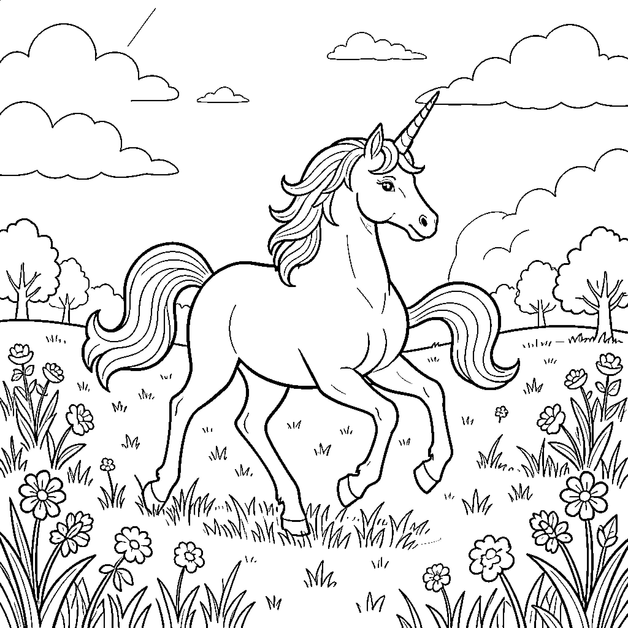 Unicorn prancing through a field of flowers Coloring Page (free black-and-white line drawing printable PDF for all, from beginners to advanced learners, including children, teens, adults, and seniors)