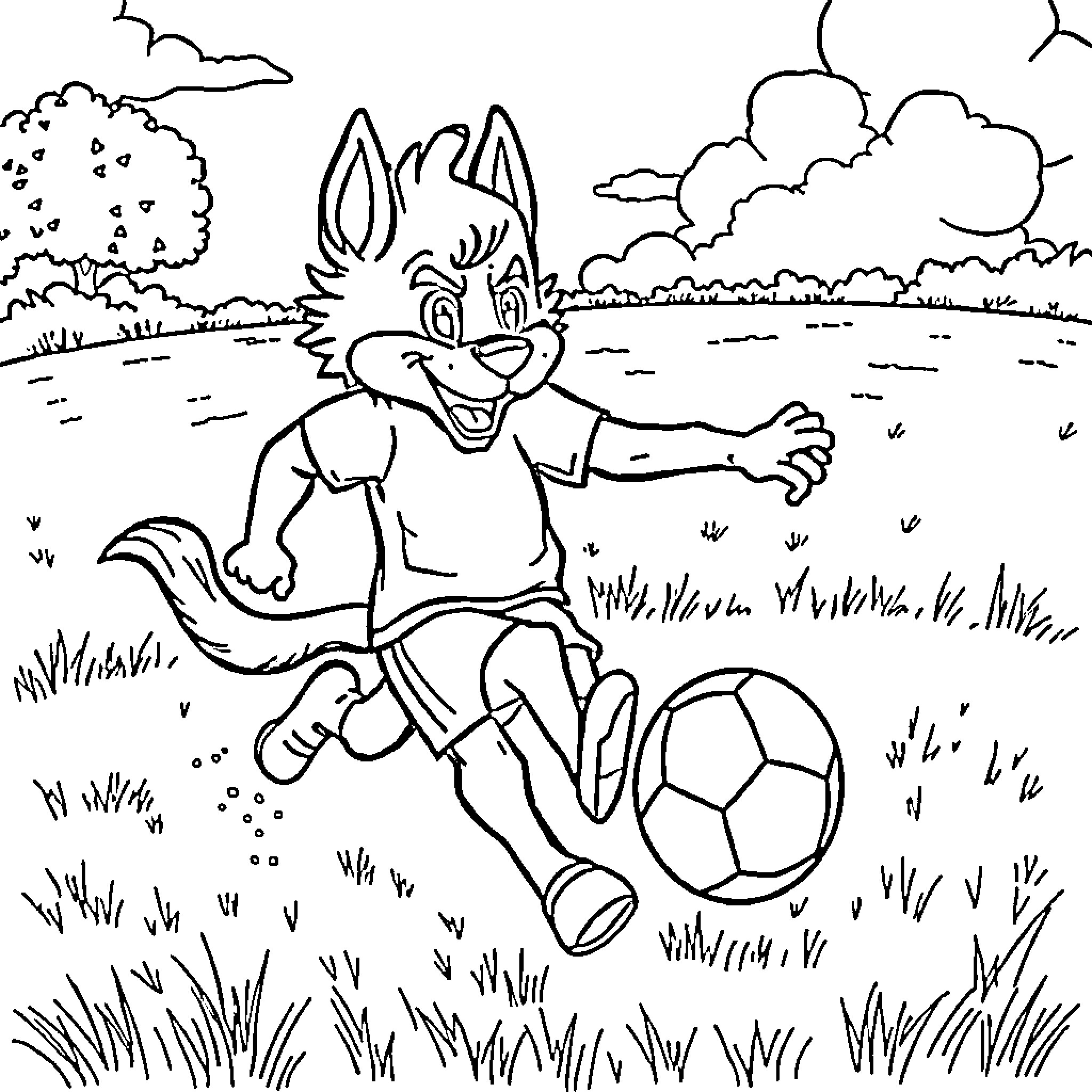 Huntrix playing joyfully with soccer ball in the meadow Coloring Page (free black-and-white line drawing printable PDF for all, from beginners to advanced learners, including children, teens, adults, and seniors)