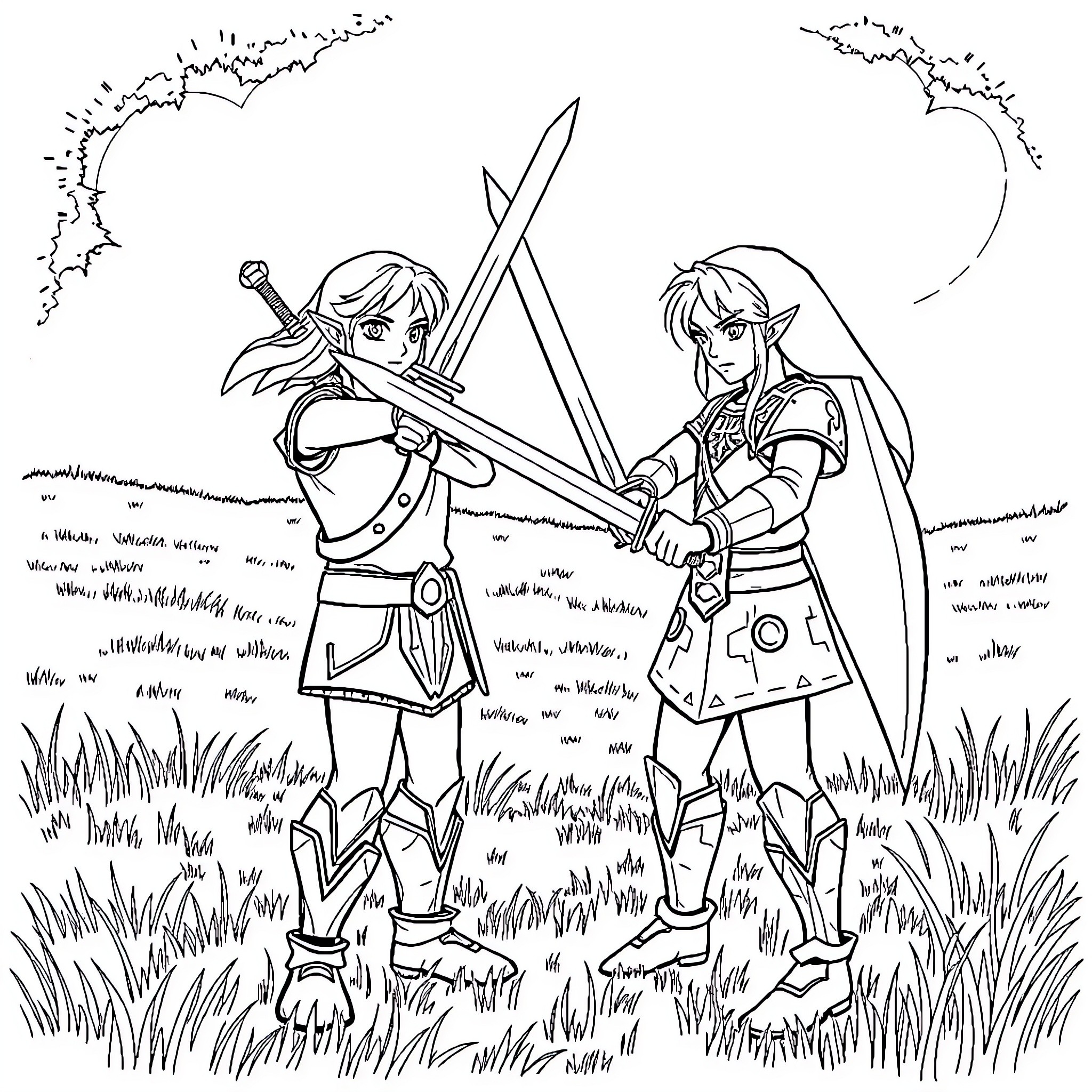 Link Adventurers Exploring the Wilderness Coloring Page (free black-and-white line drawing printable PDF for all, from beginners to advanced learners, including children, teens, adults, and seniors)