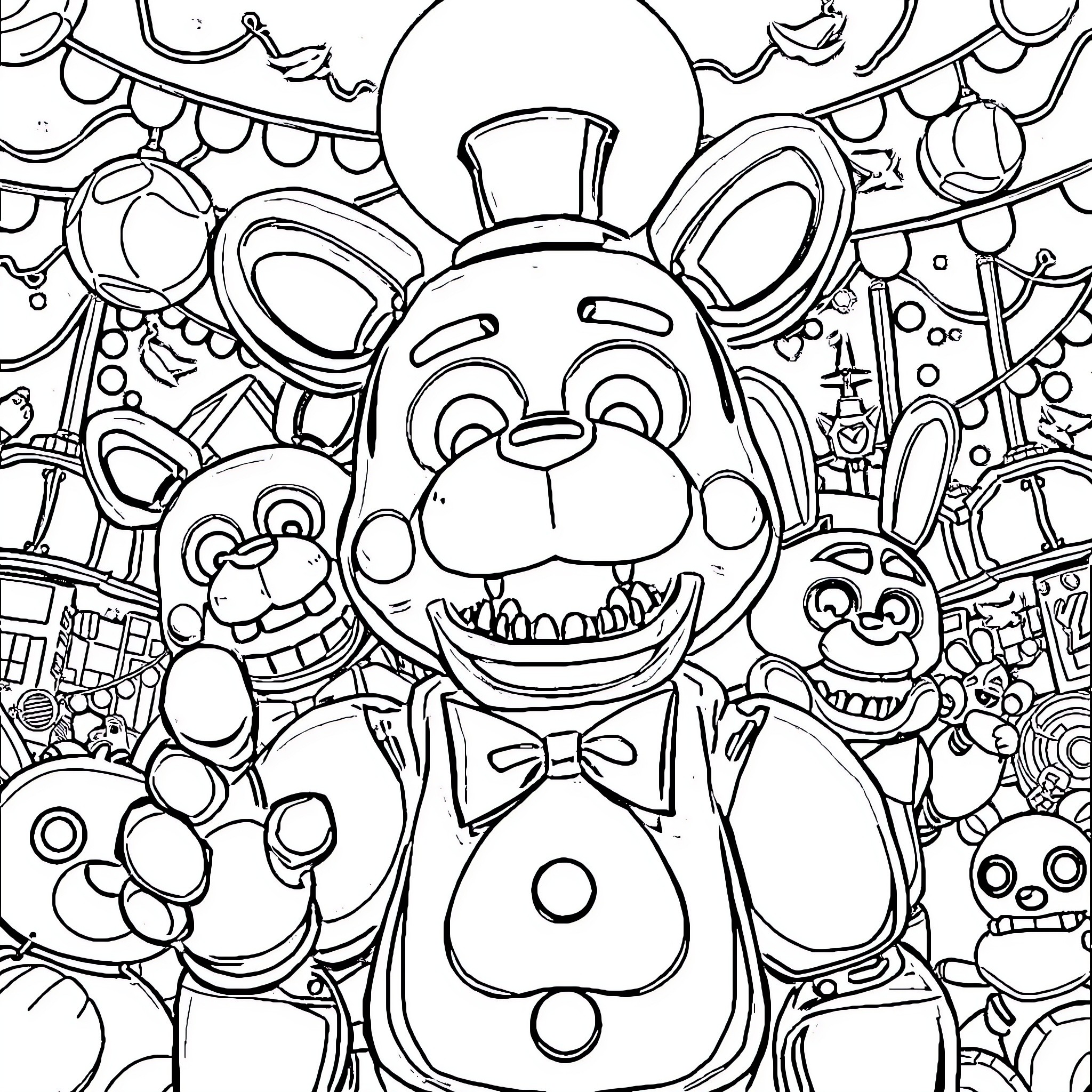 Freddy's Chaotic Carnival of Characters Coloring Page (free black-and-white line drawing printable PDF for all, from beginners to advanced learners, including children, teens, adults, and seniors)