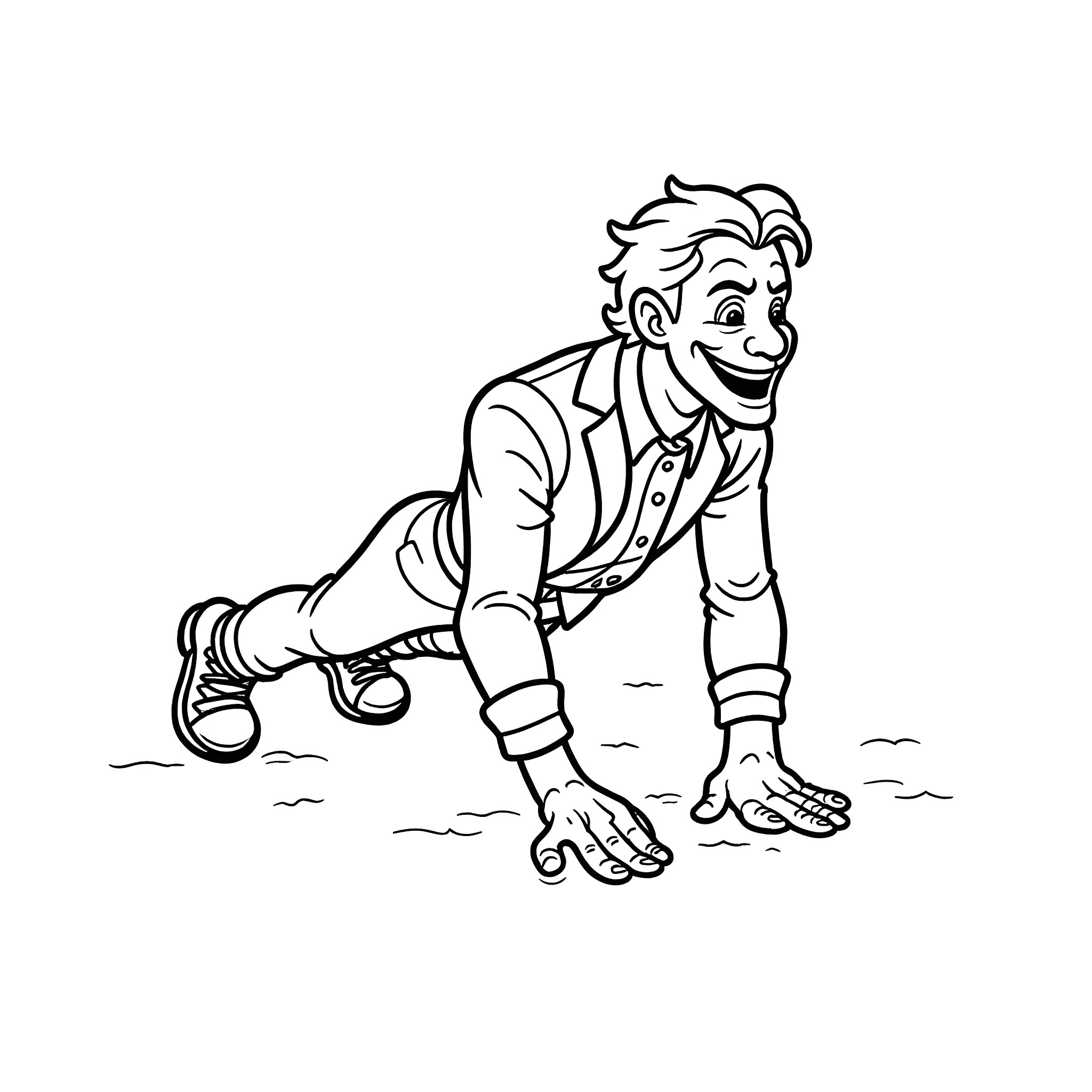Joker crawling on the ground in a mischievous pose Coloring Page (free black-and-white line drawing printable PDF for all, from beginners to advanced learners, including children, teens, adults, and seniors)