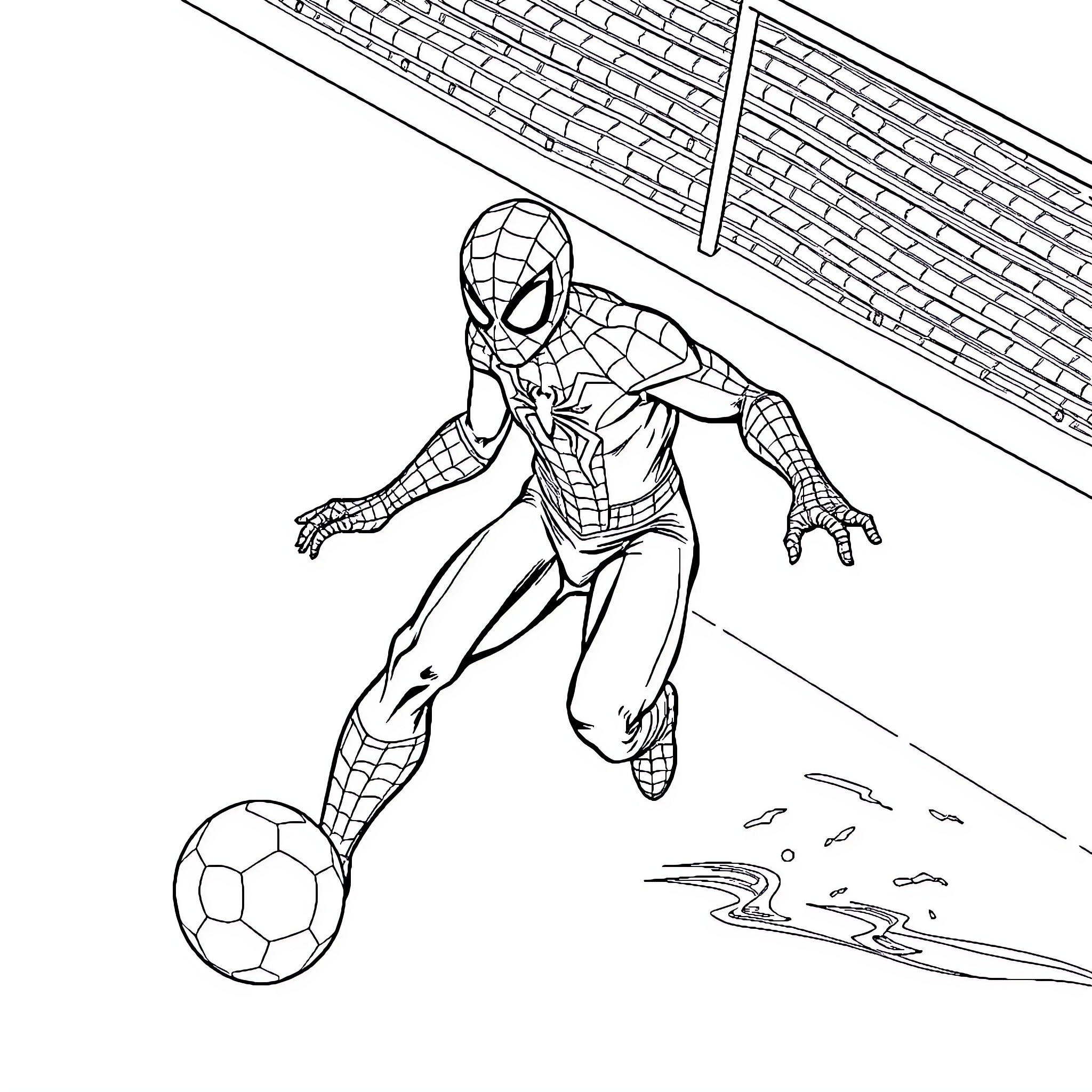Spiderman kicking soccer ball on the field Coloring Page (free black-and-white line drawing printable PDF for all, from beginners to advanced learners, including children, teens, adults, and seniors)