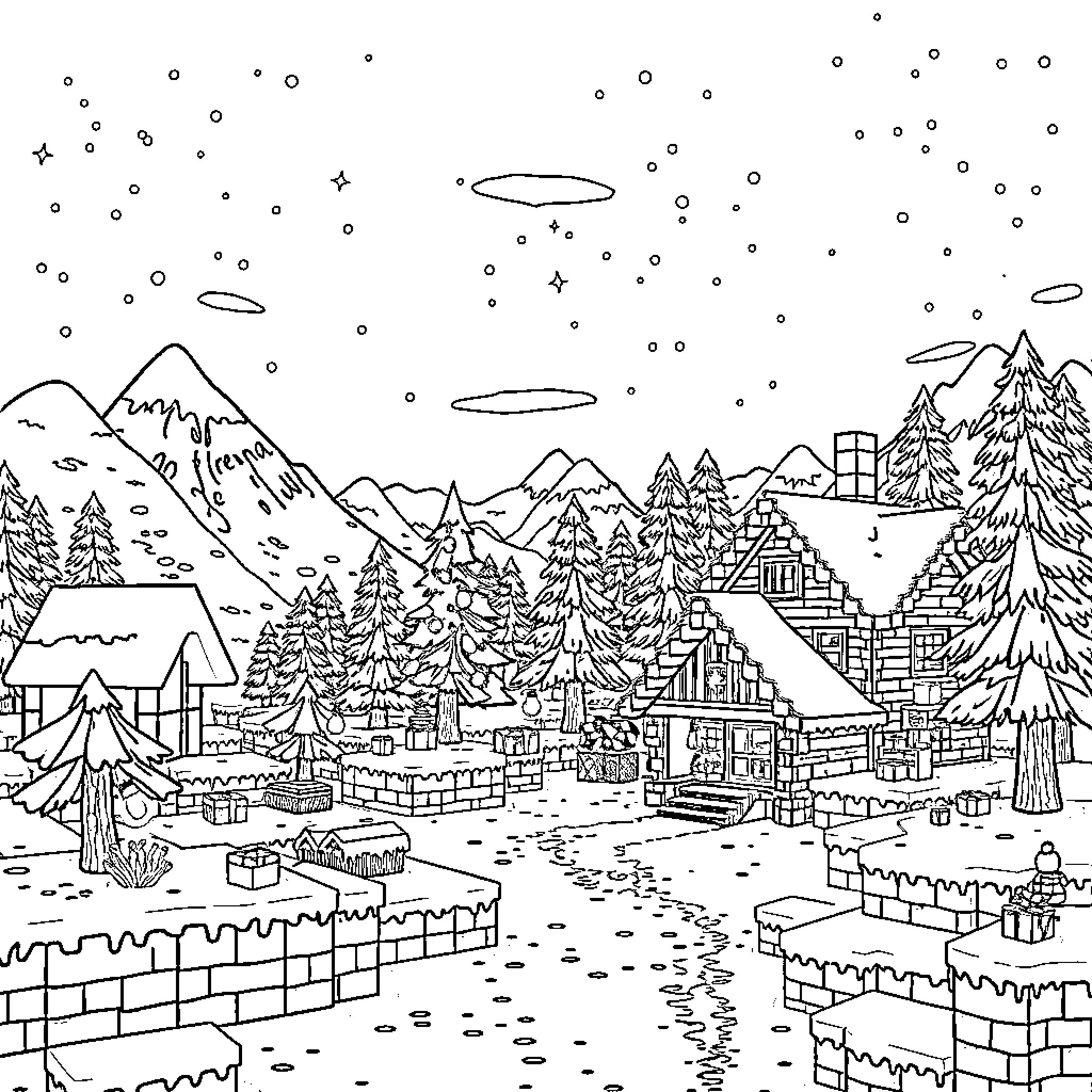 Minecraft Wintry Town Adventure with Snowy Landscapes Coloring Page (free black-and-white line drawing printable PDF for all, from beginners to advanced learners, including children, teens, adults, and seniors)