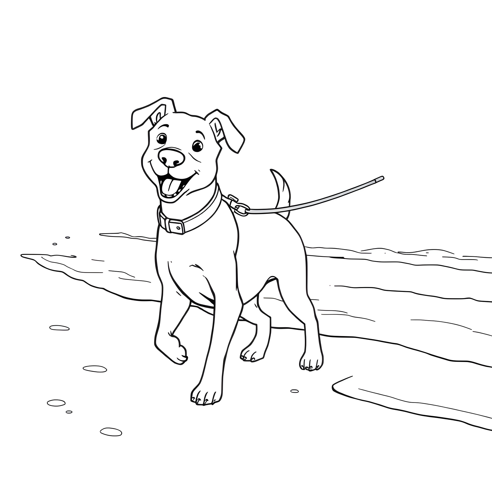 Dog walking happily on the beach Coloring Page (free black-and-white line drawing printable PDF for all, from beginners to advanced learners, including children, teens, adults, and seniors)