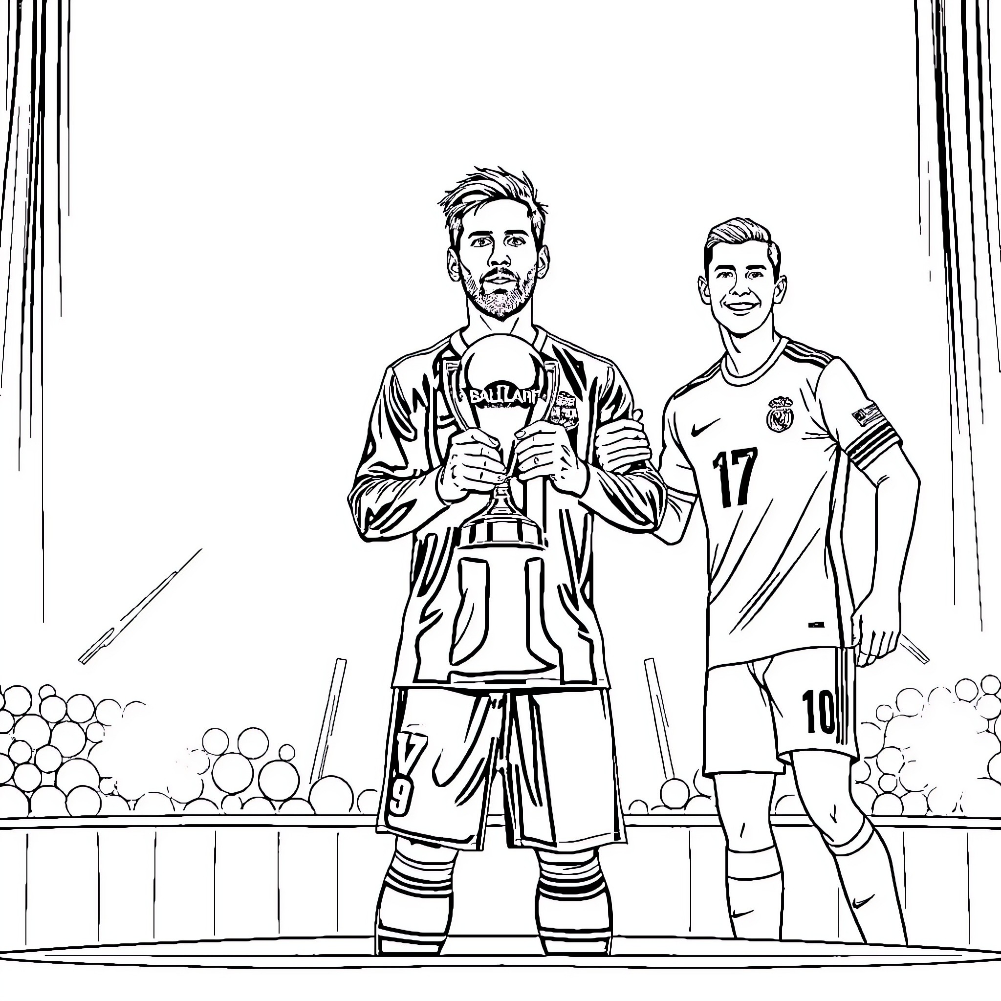 Lionel Messi and teammate in soccer uniforms on field Coloring Page (free black-and-white line drawing printable PDF for all, from beginners to advanced learners, including children, teens, adults, and seniors)