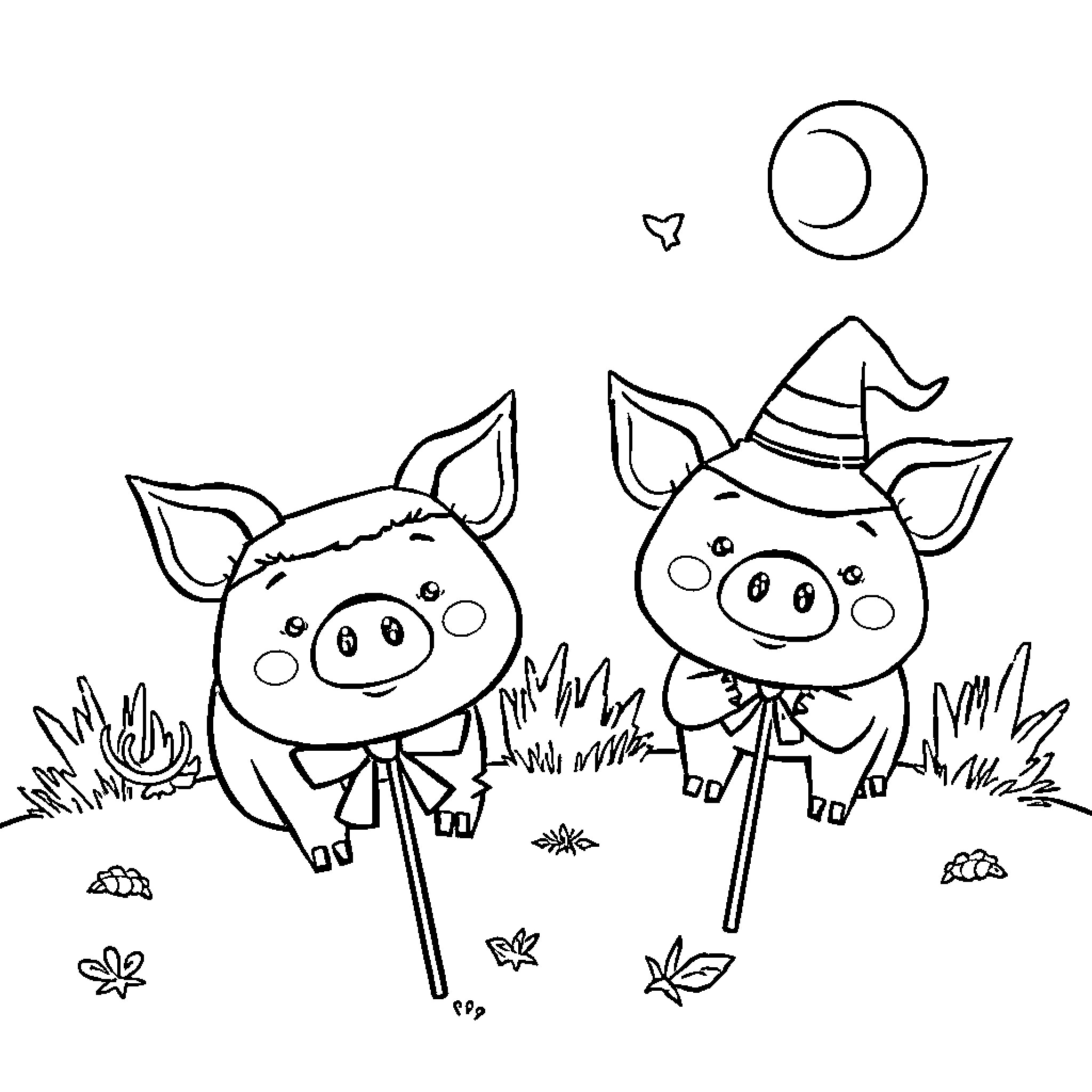Pig puppets in a whimsical scene Coloring Page (free black-and-white line drawing printable PDF for all, from beginners to advanced learners, including children, teens, adults, and seniors)