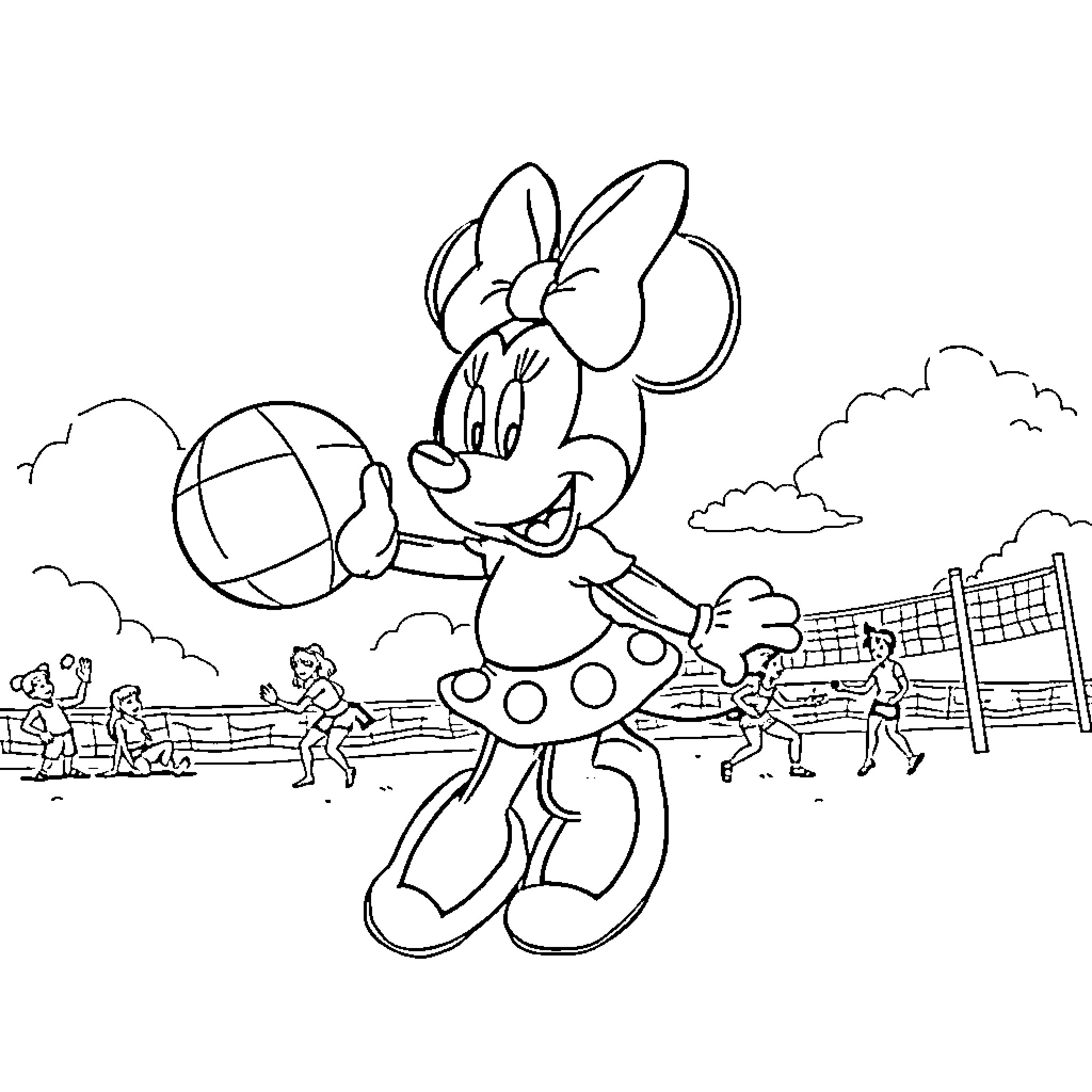 Minnie Mouse playing volleyball with children Coloring Page (free black-and-white line drawing printable PDF for all, from beginners to advanced learners, including children, teens, adults, and seniors)