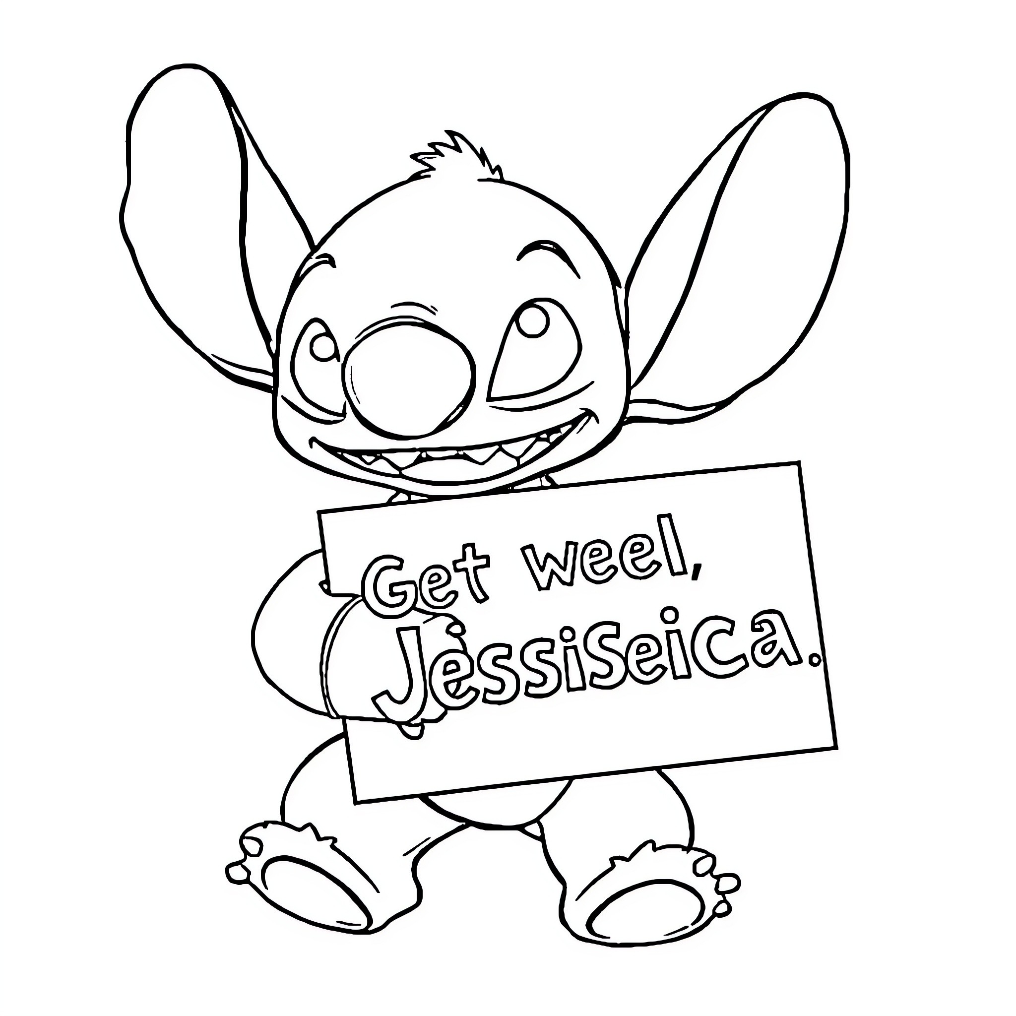 Stitch holding a get well sign Coloring Page (free black-and-white line drawing printable PDF for all, from beginners to advanced learners, including children, teens, adults, and seniors)