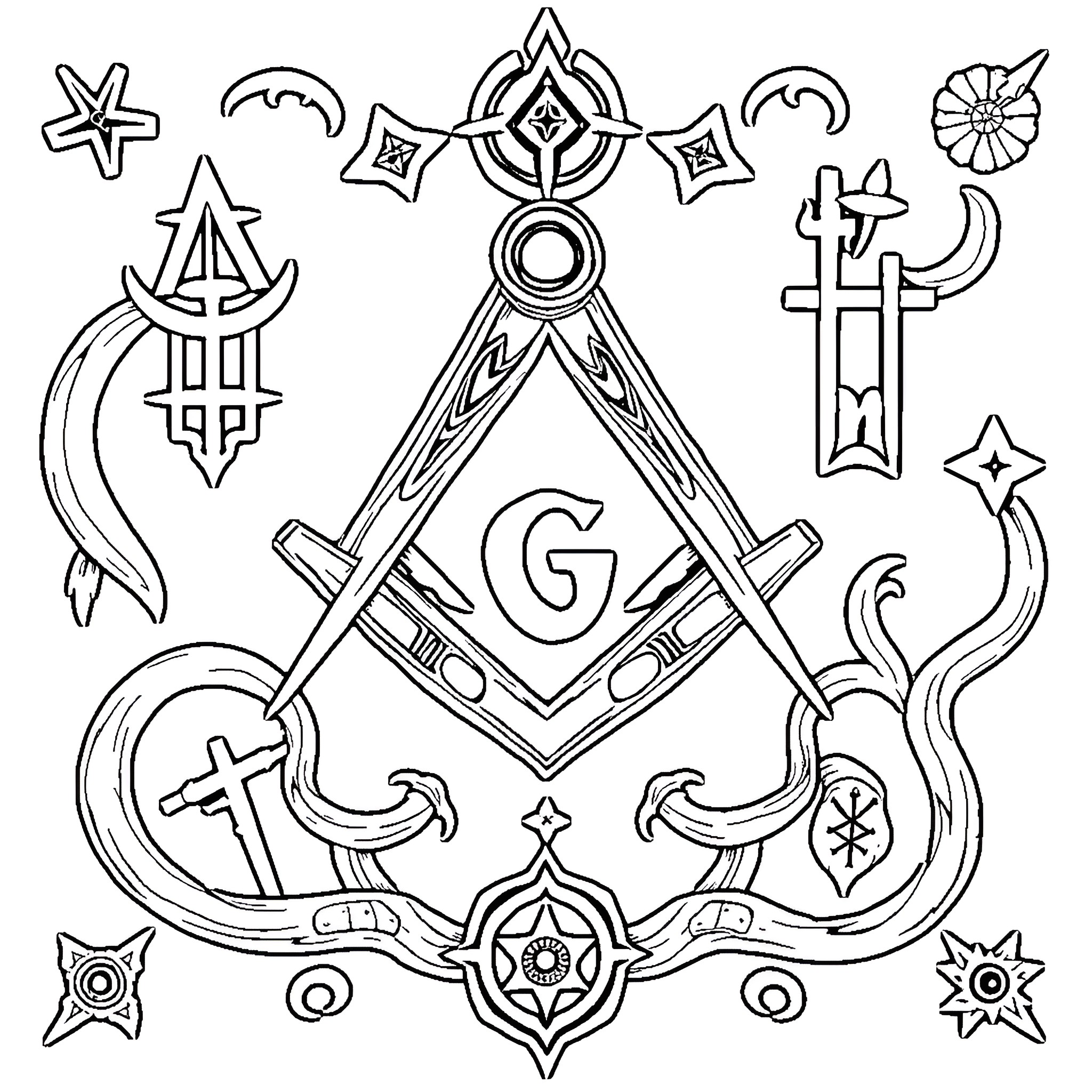 Masonic Symbols and Geometric Designs Coloring Page (free black-and-white line drawing printable PDF for all, from beginners to advanced learners, including children, teens, adults, and seniors)