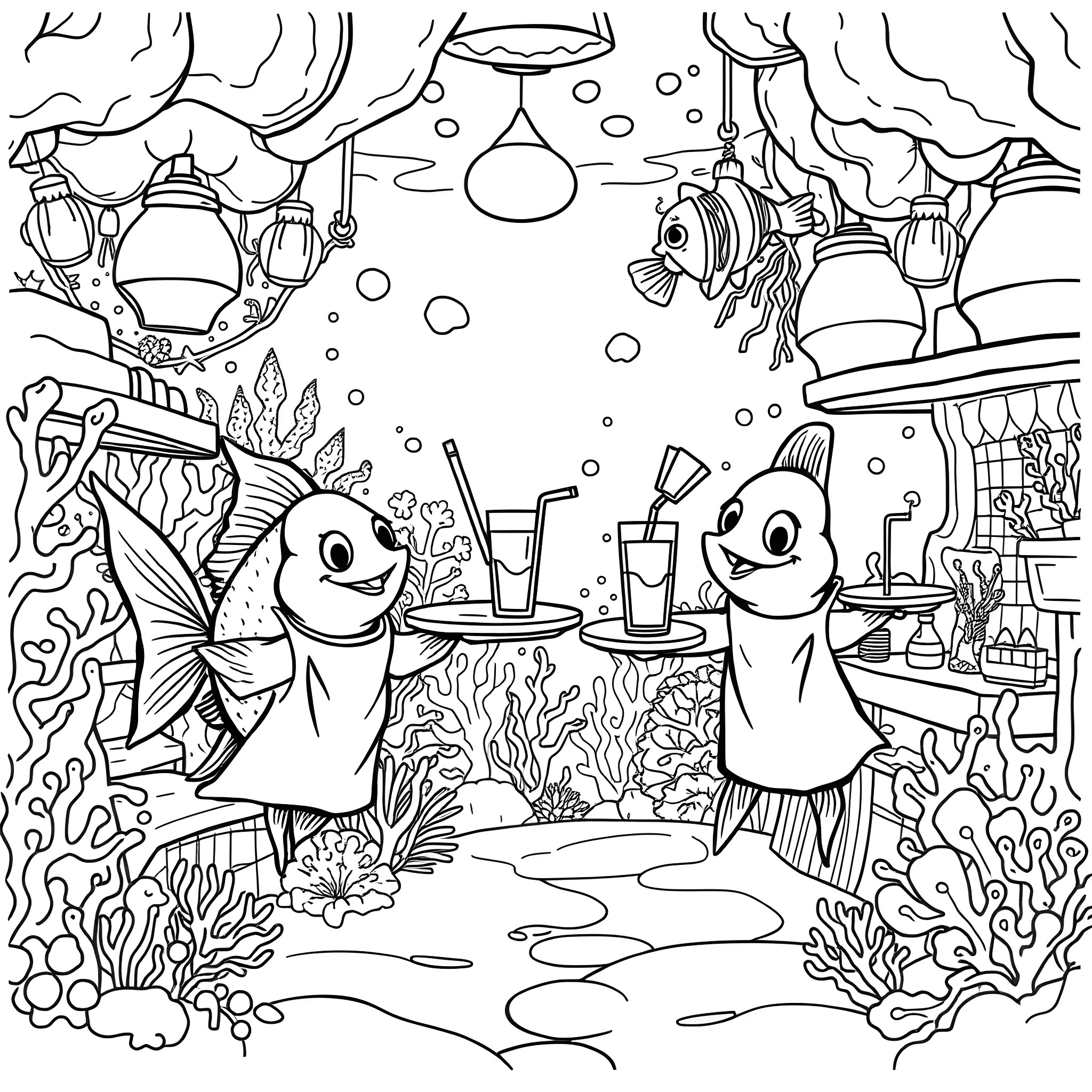 Goldfish dining and relaxing in the underwater restaurant Coloring Page (free black-and-white line drawing printable PDF for all, from beginners to advanced learners, including children, teens, adults, and seniors)