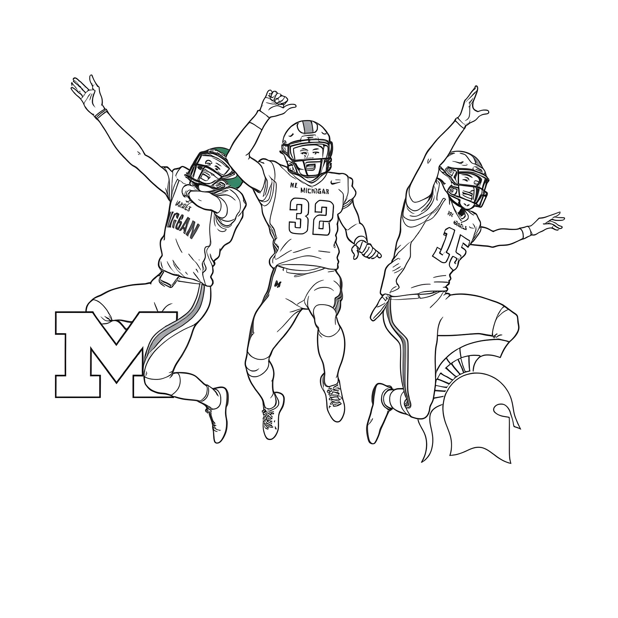 Logo of football players in action poses Coloring Page (free black-and-white line drawing printable PDF for all, from beginners to advanced learners, including children, teens, adults, and seniors)