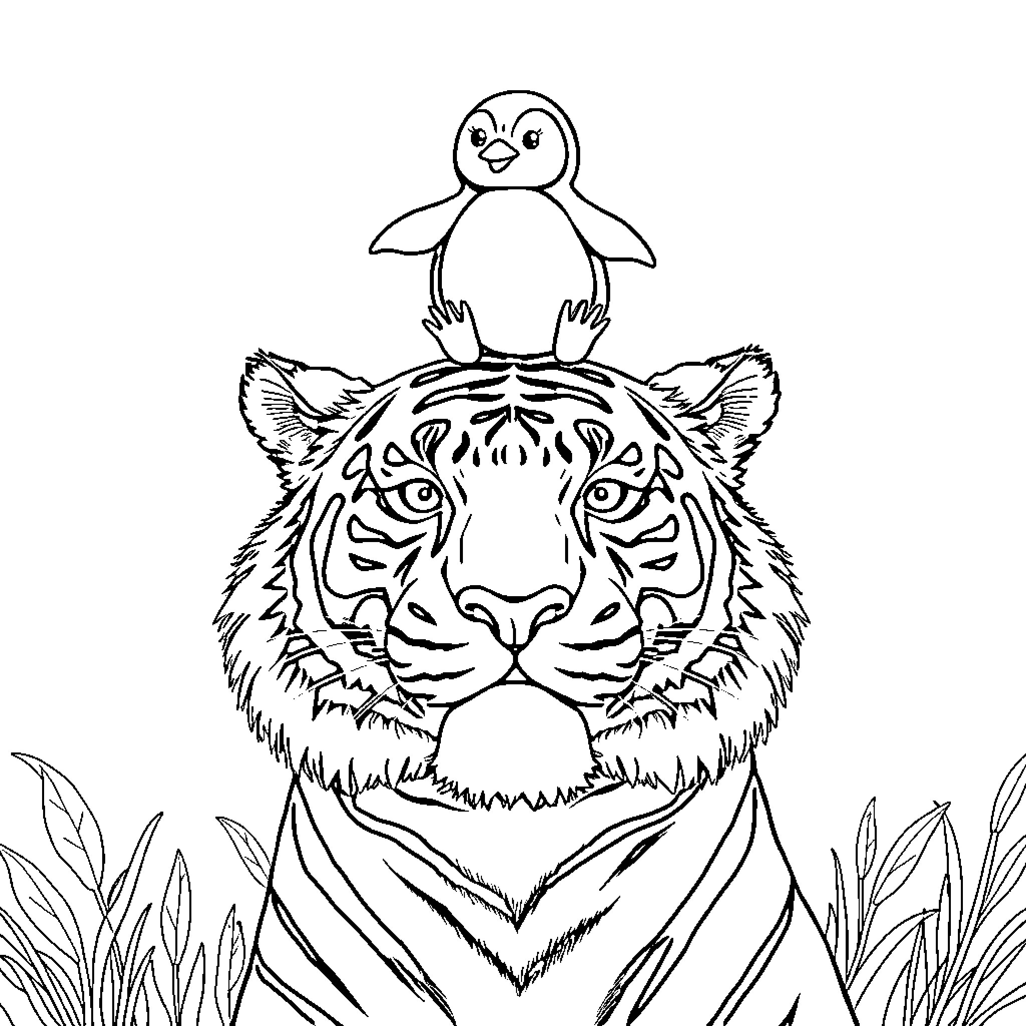 Penguin riding atop a tiger in the jungle Coloring Page (free black-and-white line drawing printable PDF for all, from beginners to advanced learners, including children, teens, adults, and seniors)