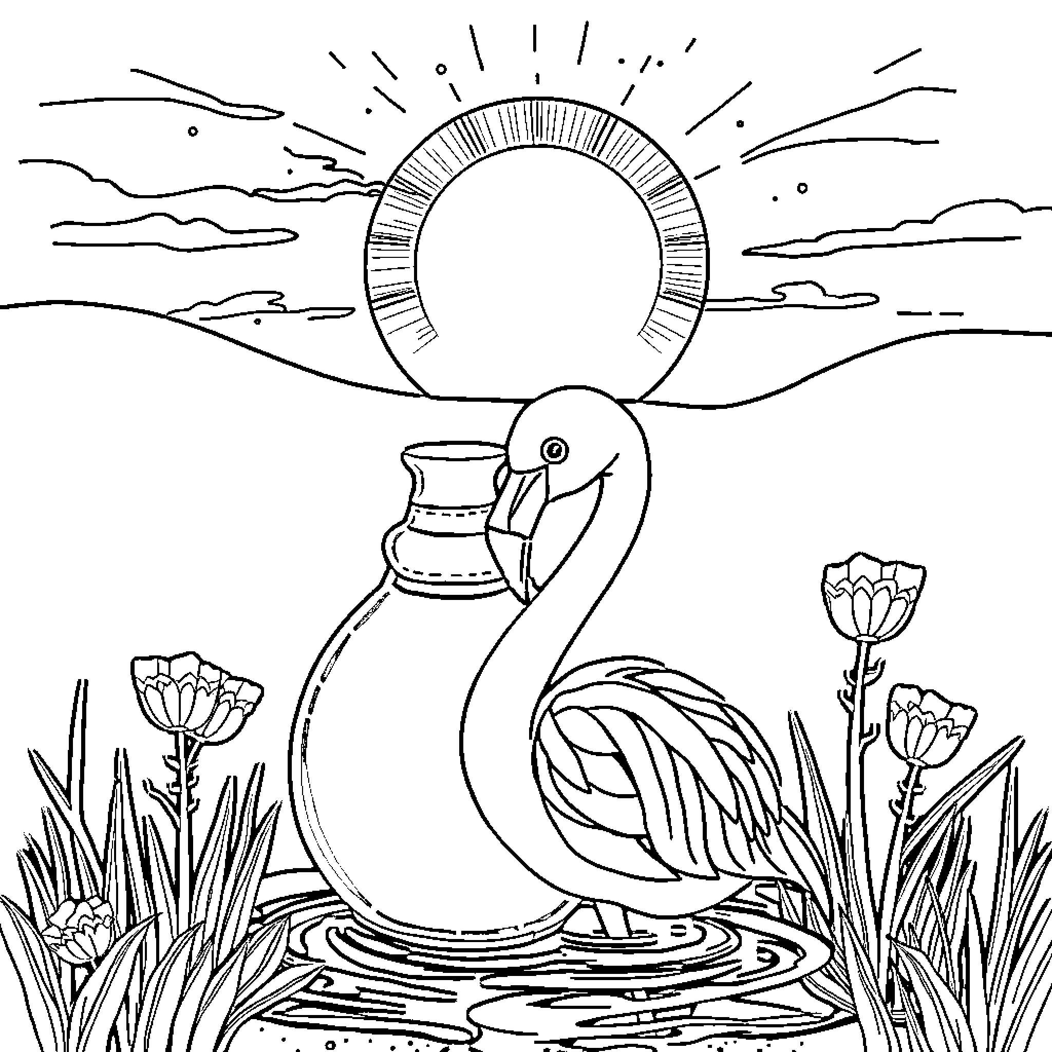 Vessel of tranquility in the serene landscape Coloring Page (free black-and-white line drawing printable PDF for all, from beginners to advanced learners, including children, teens, adults, and seniors)