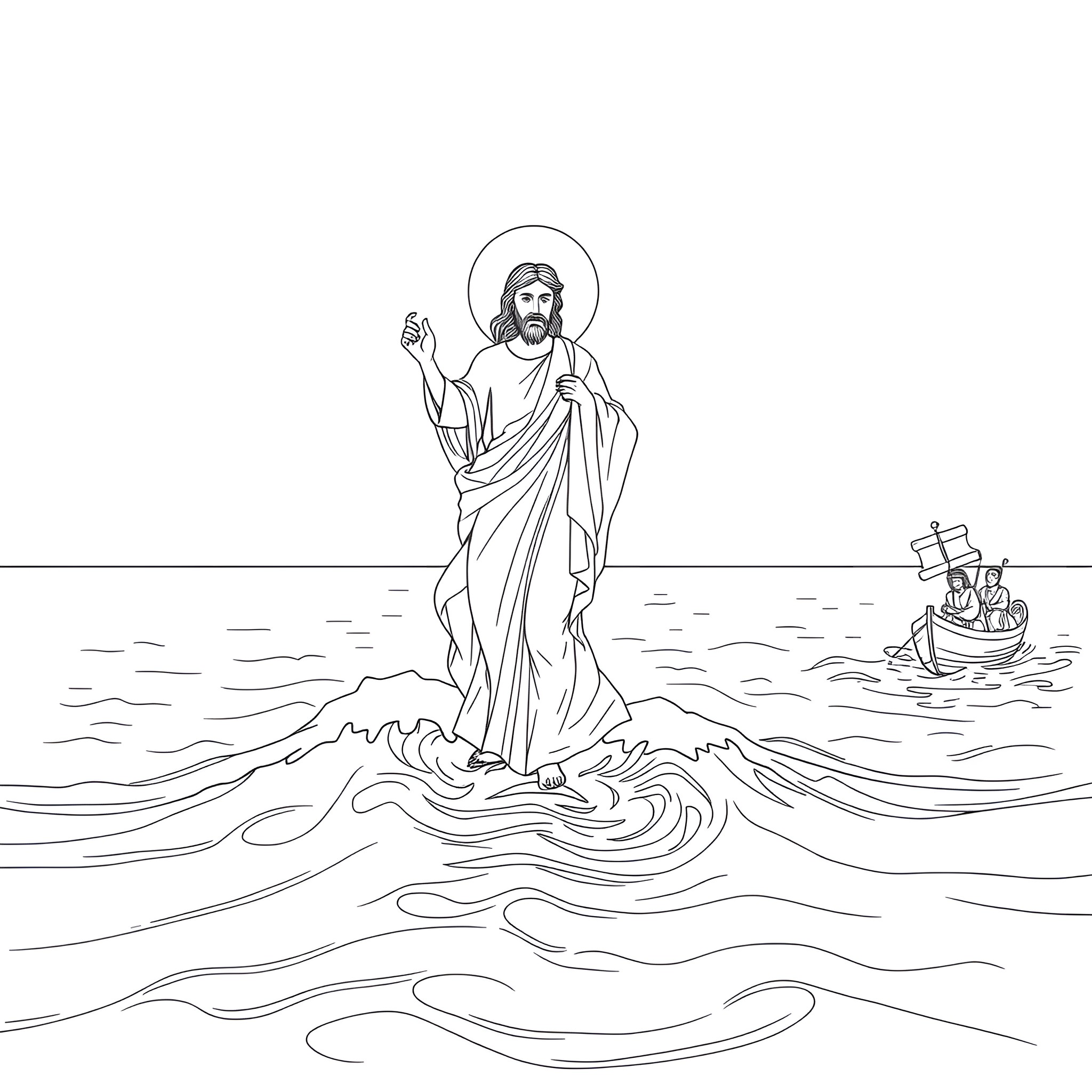 Christ Walking on Water with Disciples in Boat Coloring Page (free black-and-white line drawing printable PDF for all, from beginners to advanced learners, including children, teens, adults, and seniors)