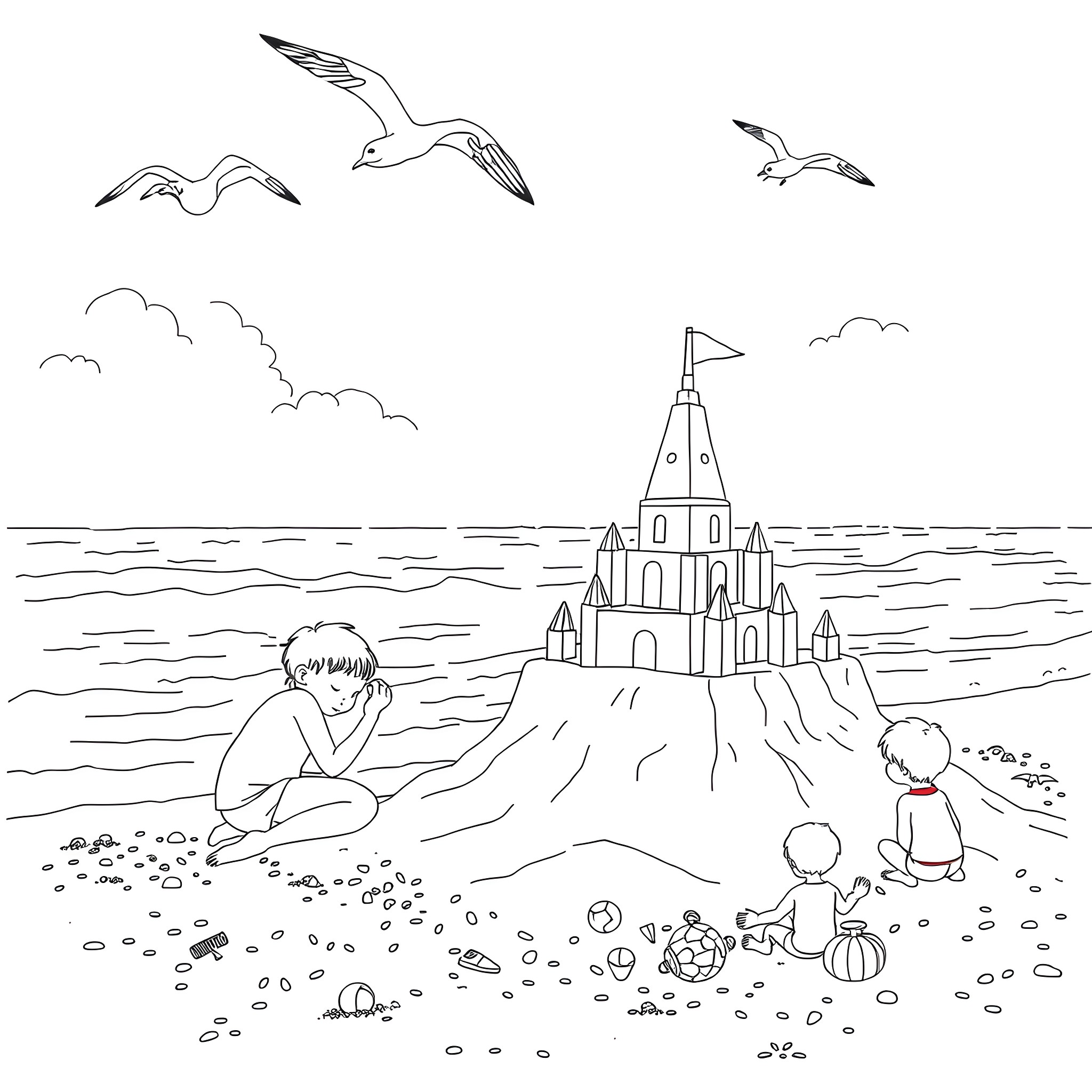 Purab at the Seaside with Sandcastles and Seagulls Coloring Page (free black-and-white line drawing printable PDF for all, from beginners to advanced learners, including children, teens, adults, and seniors)