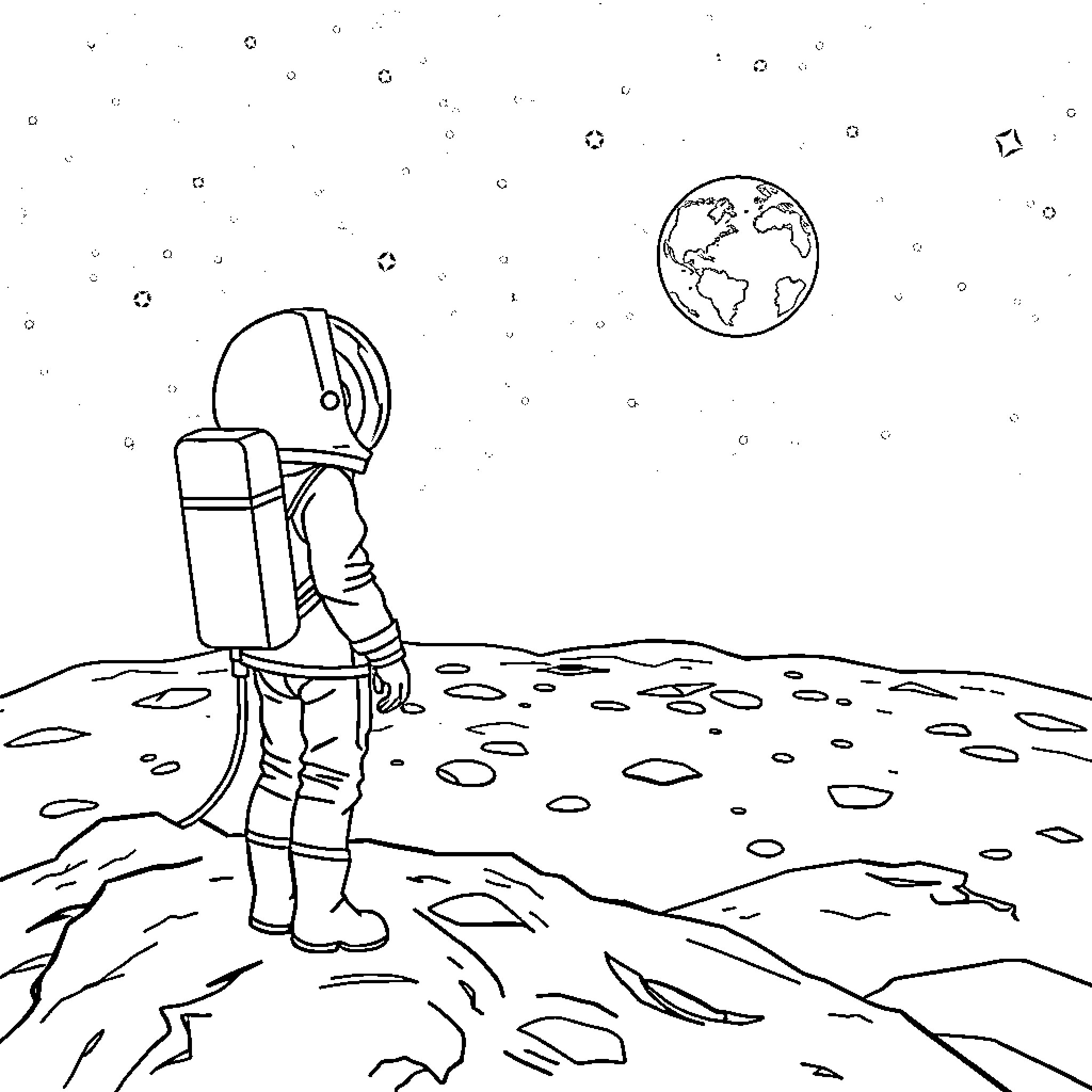 Girl Exploring the Lunar Landscape Coloring Page (free black-and-white line drawing printable PDF for all, from beginners to advanced learners, including children, teens, adults, and seniors)