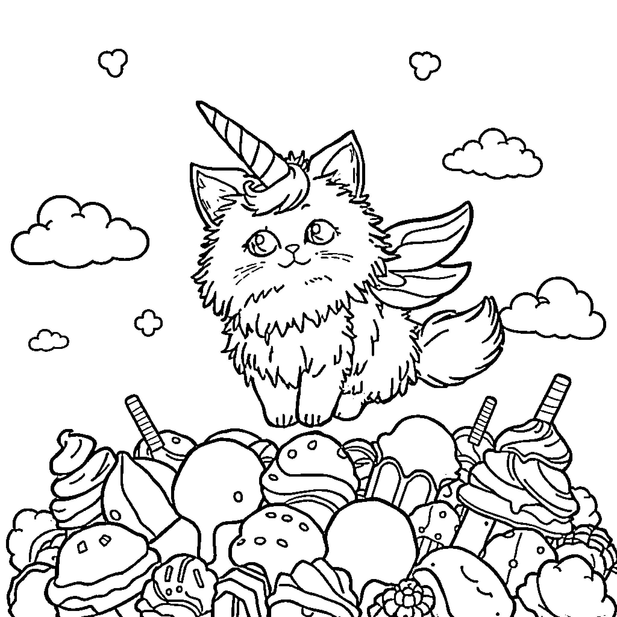 Cat Unicorn among whimsical treats and clouds Coloring Page (free black-and-white line drawing printable PDF for all, from beginners to advanced learners, including children, teens, adults, and seniors)