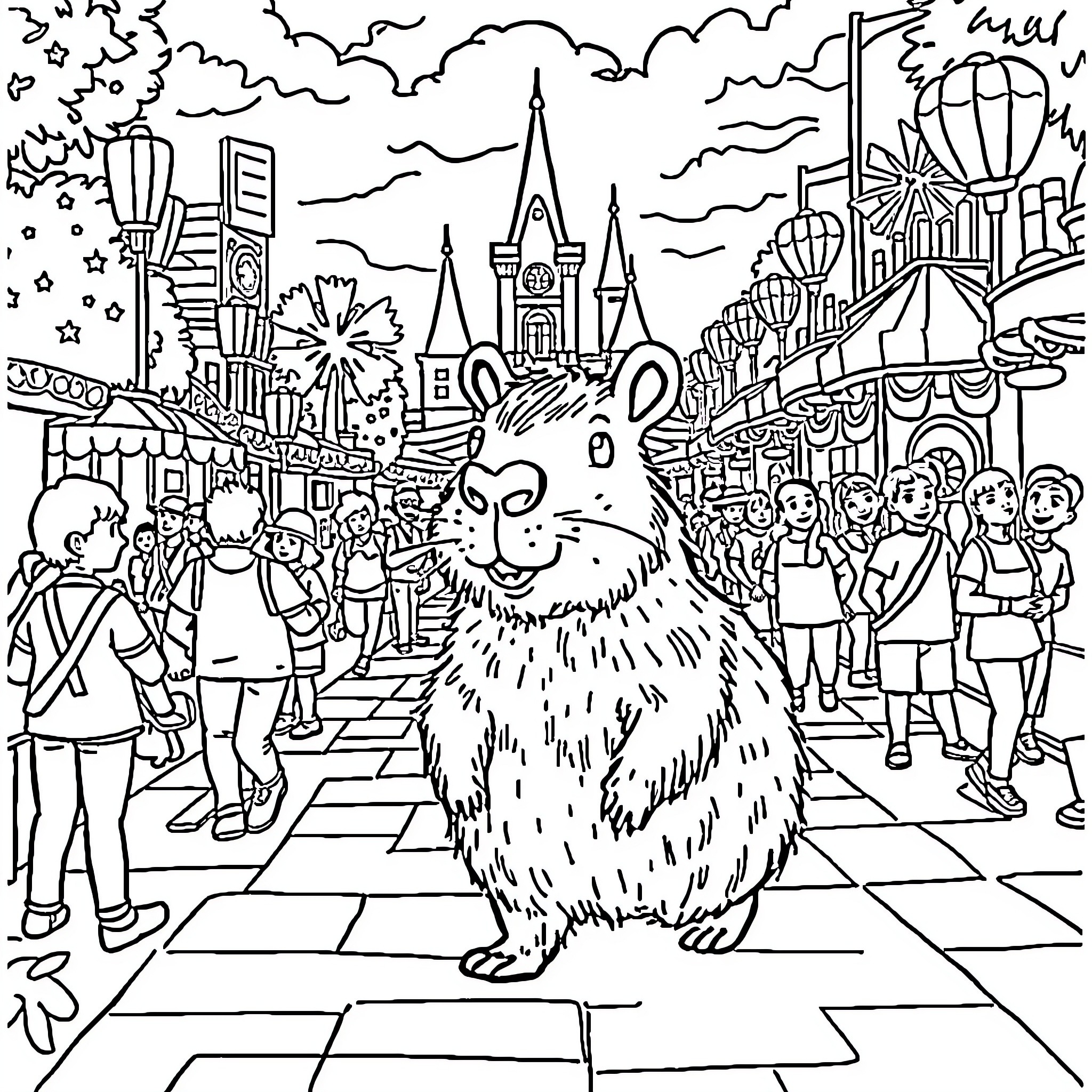 Capybara enjoying the lively carnival atmosphere Coloring Page (free black-and-white line drawing printable PDF for all, from beginners to advanced learners, including children, teens, adults, and seniors)