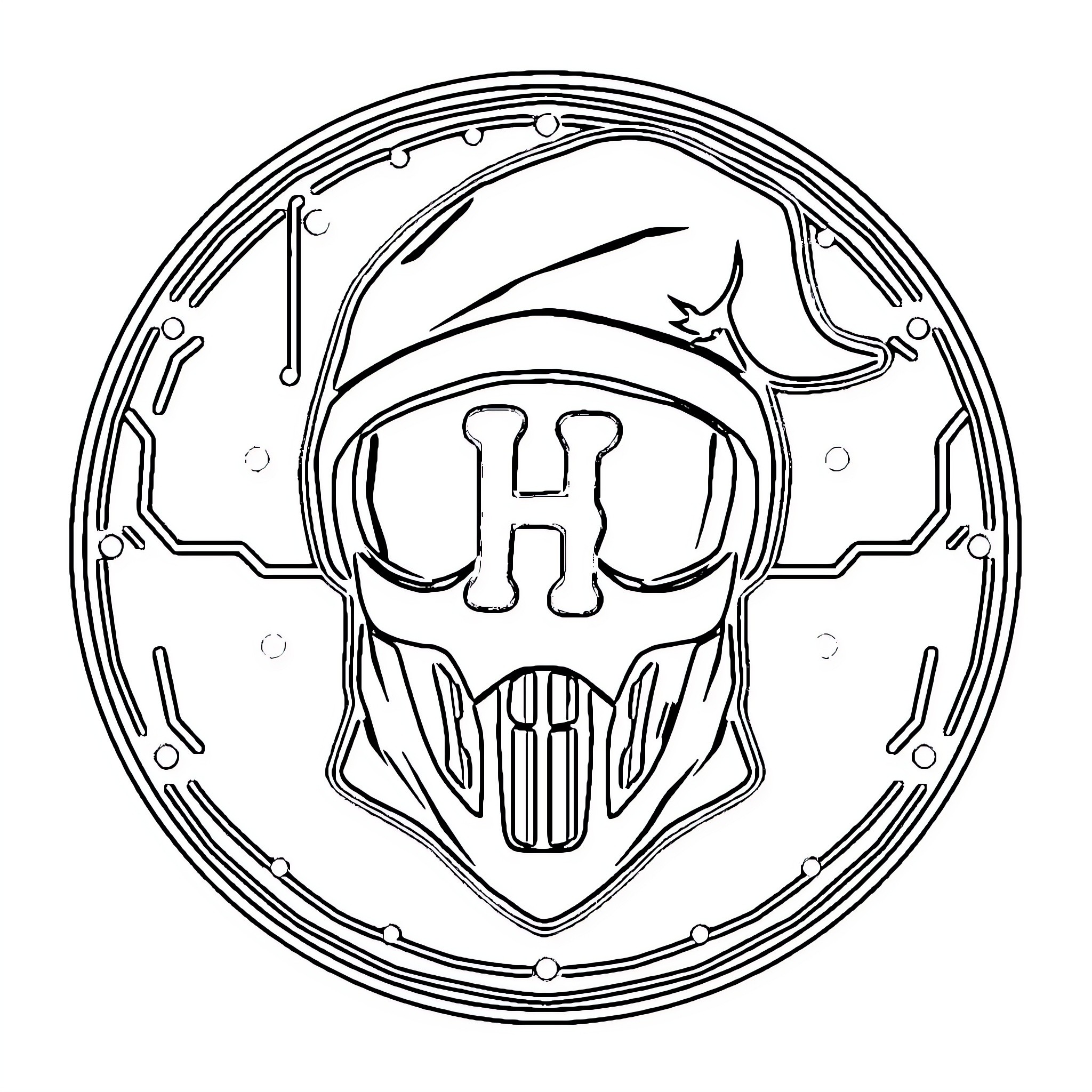 Hacker Symbols of a Futuristic Cyberpunk Helmet Coloring Page (free black-and-white line drawing printable PDF for all, from beginners to advanced learners, including children, teens, adults, and seniors)