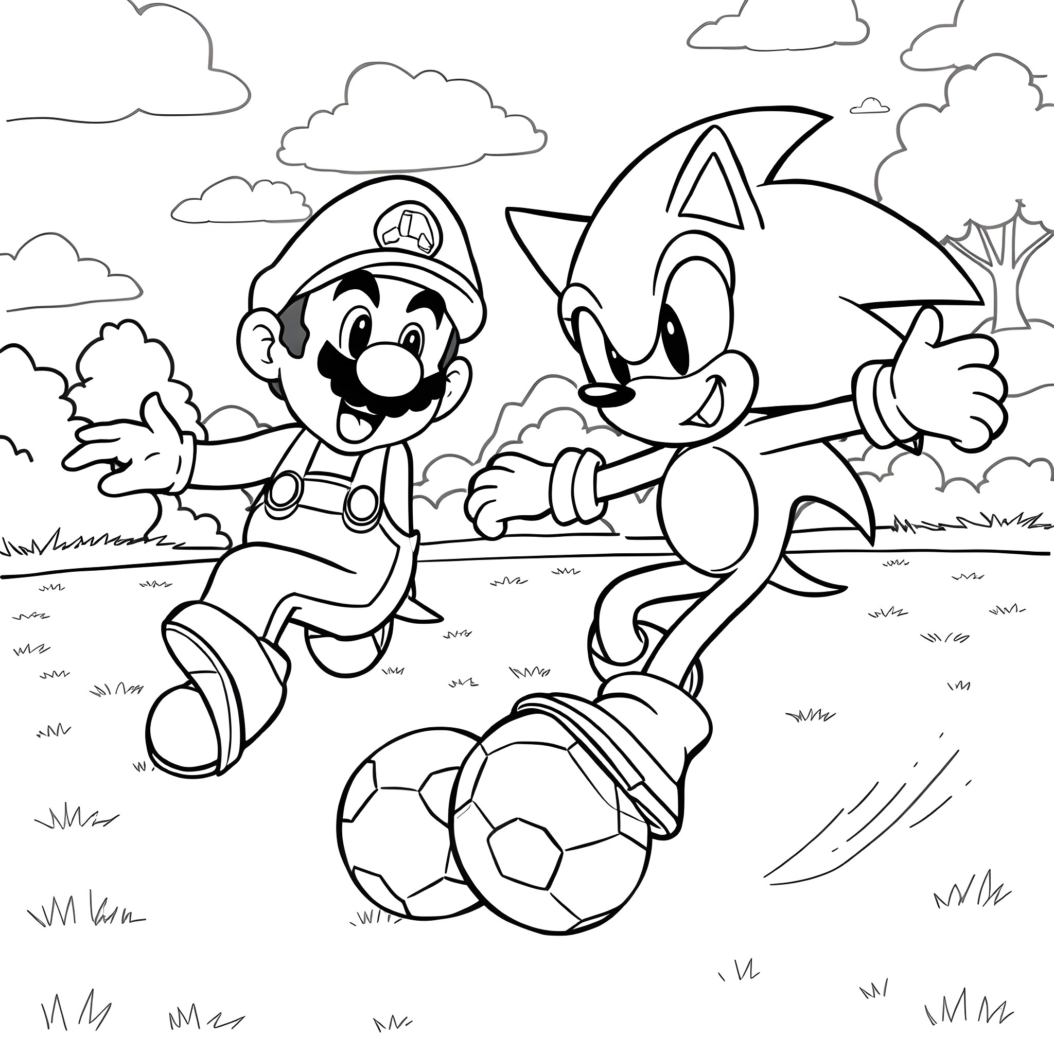 Sonic and Mario playing soccer in the park Coloring Page (free black-and-white line drawing printable PDF for all, from beginners to advanced learners, including children, teens, adults, and seniors)