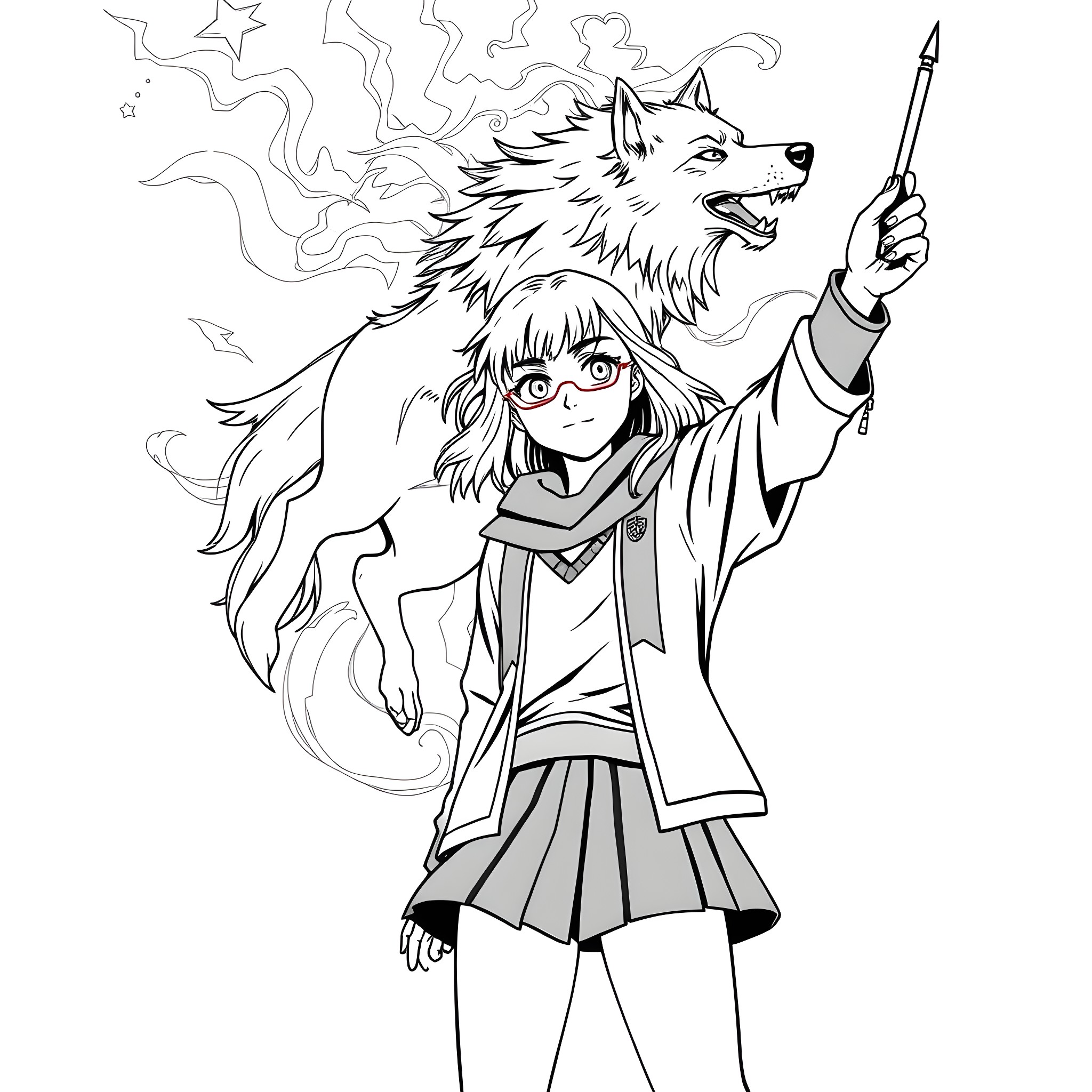 Teen Girl with Magical Wolf Companion Coloring Page (free black-and-white line drawing printable PDF for all, from beginners to advanced learners, including children, teens, adults, and seniors)