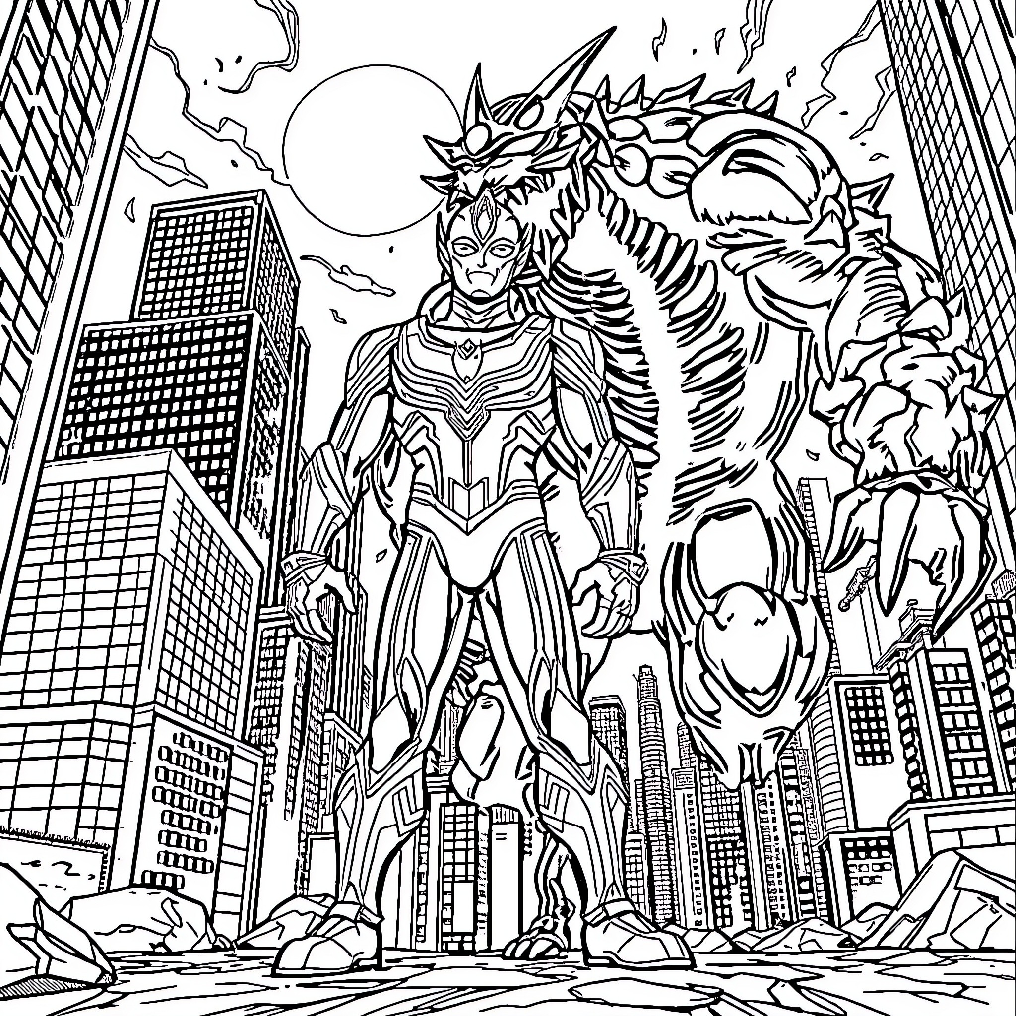 Ultraman Battles Kaiju in Futuristic City Coloring Page (free black-and-white line drawing printable PDF for all, from beginners to advanced learners, including children, teens, adults, and seniors)