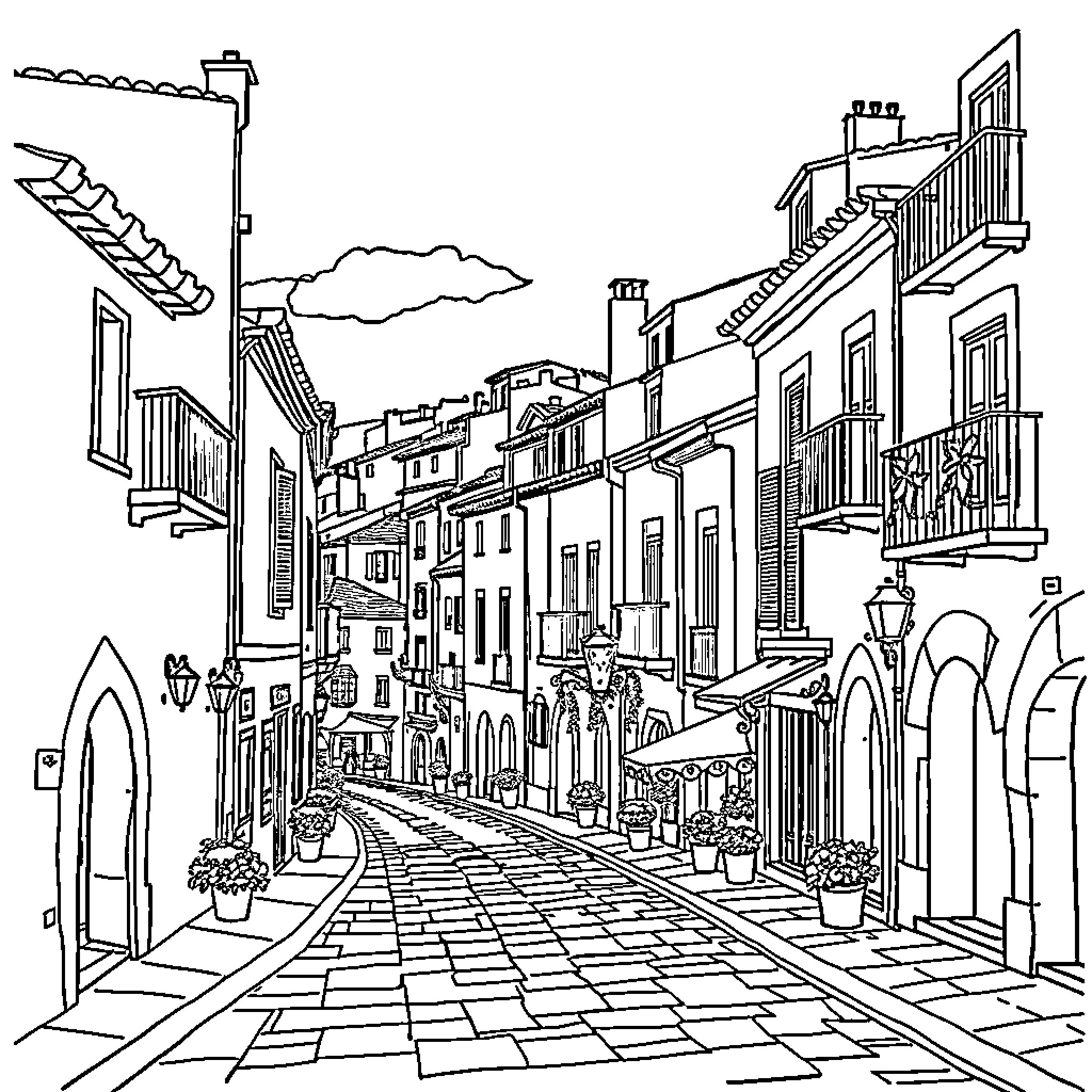 Mollet del Vallès: Quaint Street Scene in a Historic Town Coloring Page (free black-and-white line drawing printable PDF for all, from beginners to advanced learners, including children, teens, adults, and seniors)