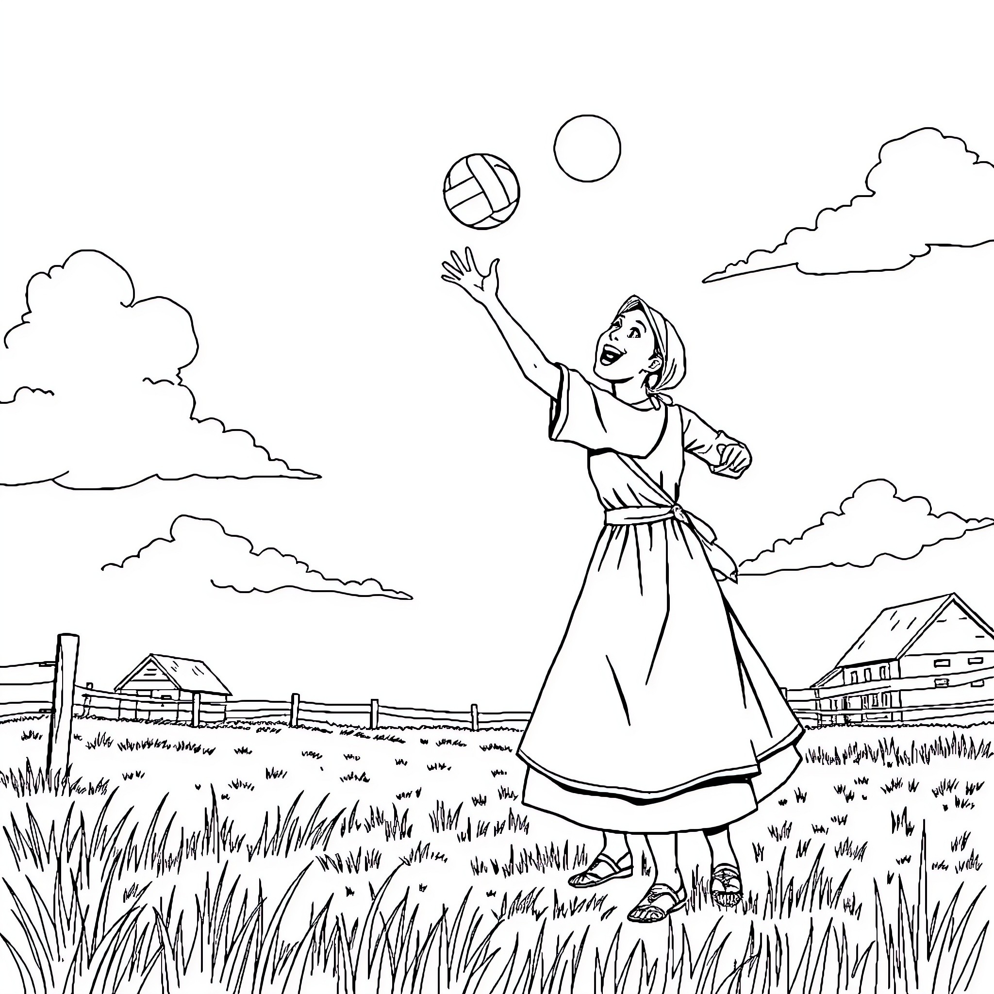 Amish Lady Playing Volleyball in the Countryside Coloring Page (free black-and-white line drawing printable PDF for all, from beginners to advanced learners, including children, teens, adults, and seniors)