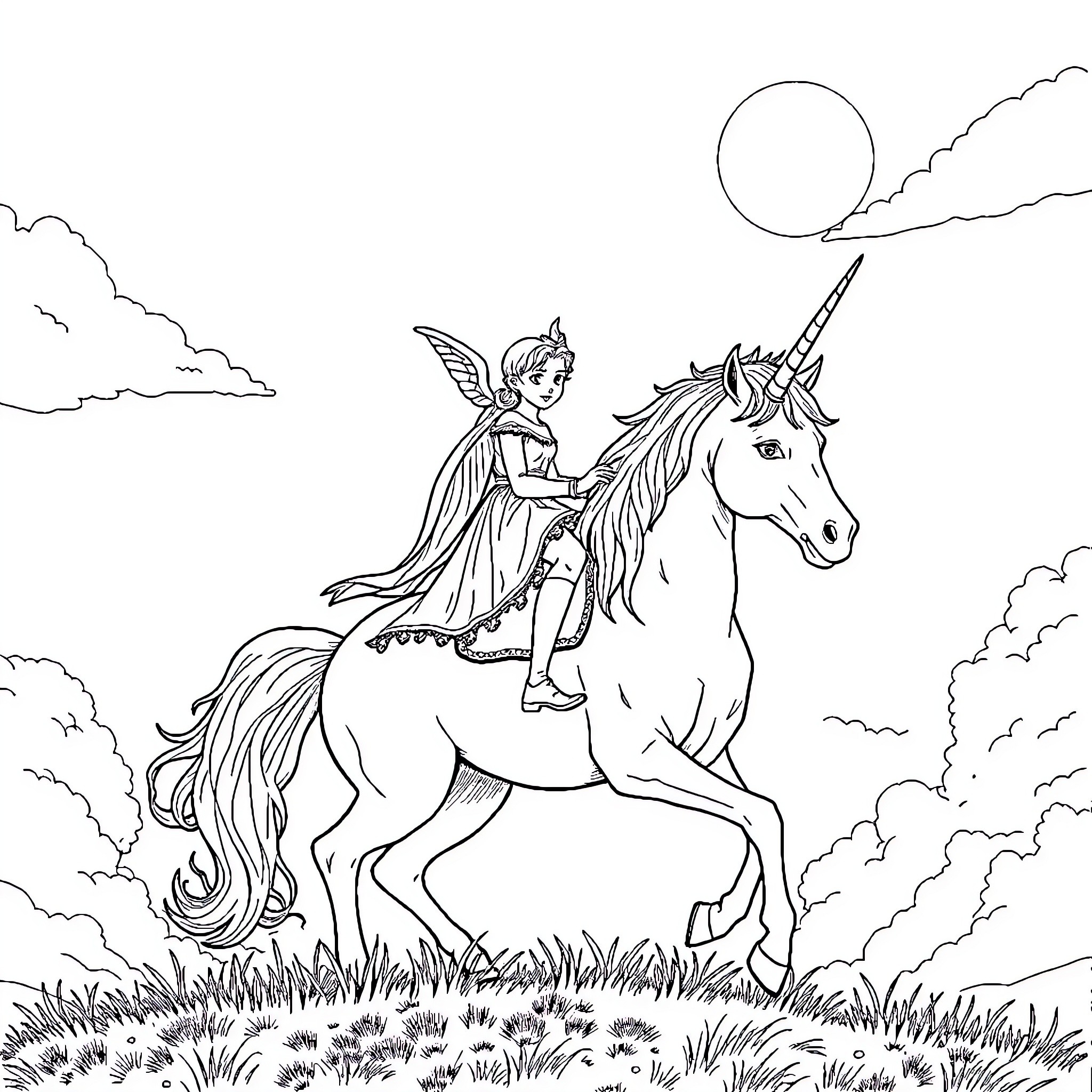 Elf riding a majestic unicorn in a magical landscape Coloring Page (free black-and-white line drawing printable PDF for all, from beginners to advanced learners, including children, teens, adults, and seniors)