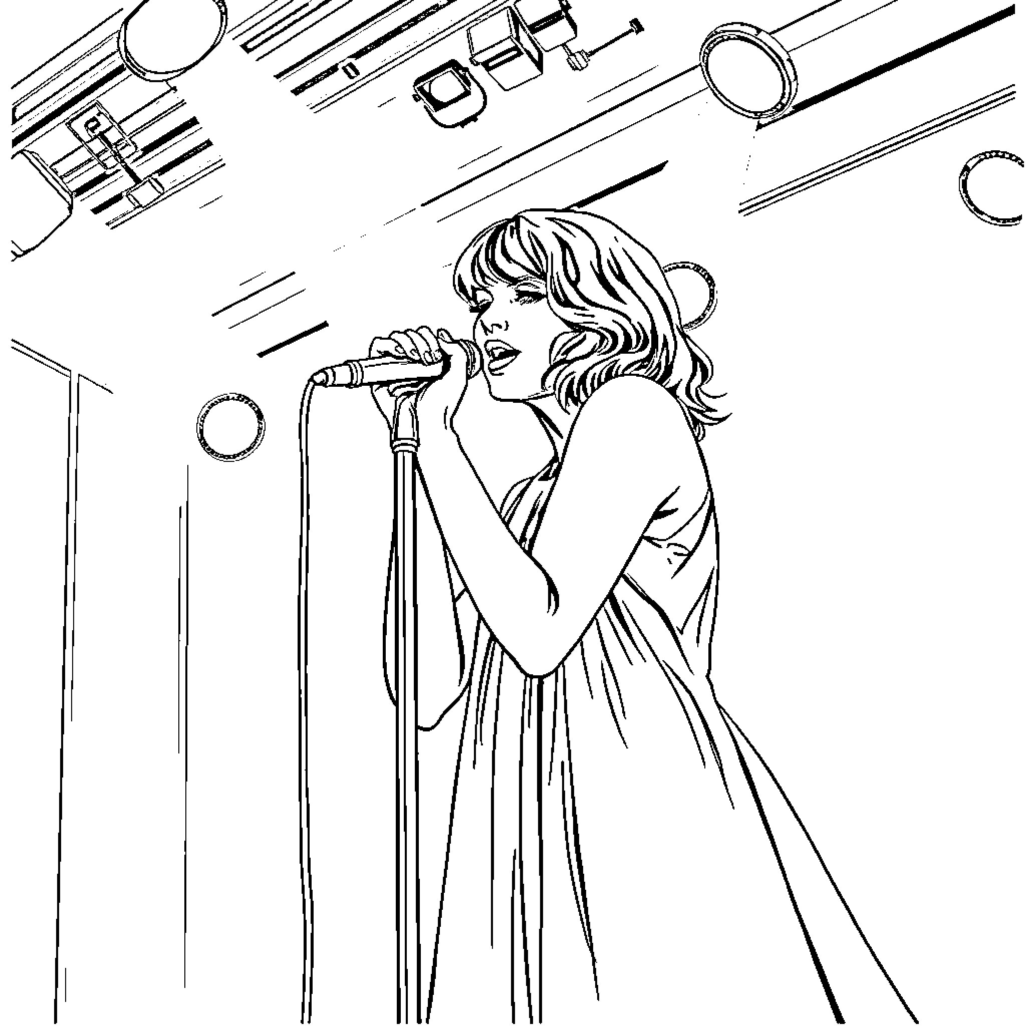 Taylor Swift performing on stage with microphone Coloring Page (free black-and-white line drawing printable PDF for all, from beginners to advanced learners, including children, teens, adults, and seniors)