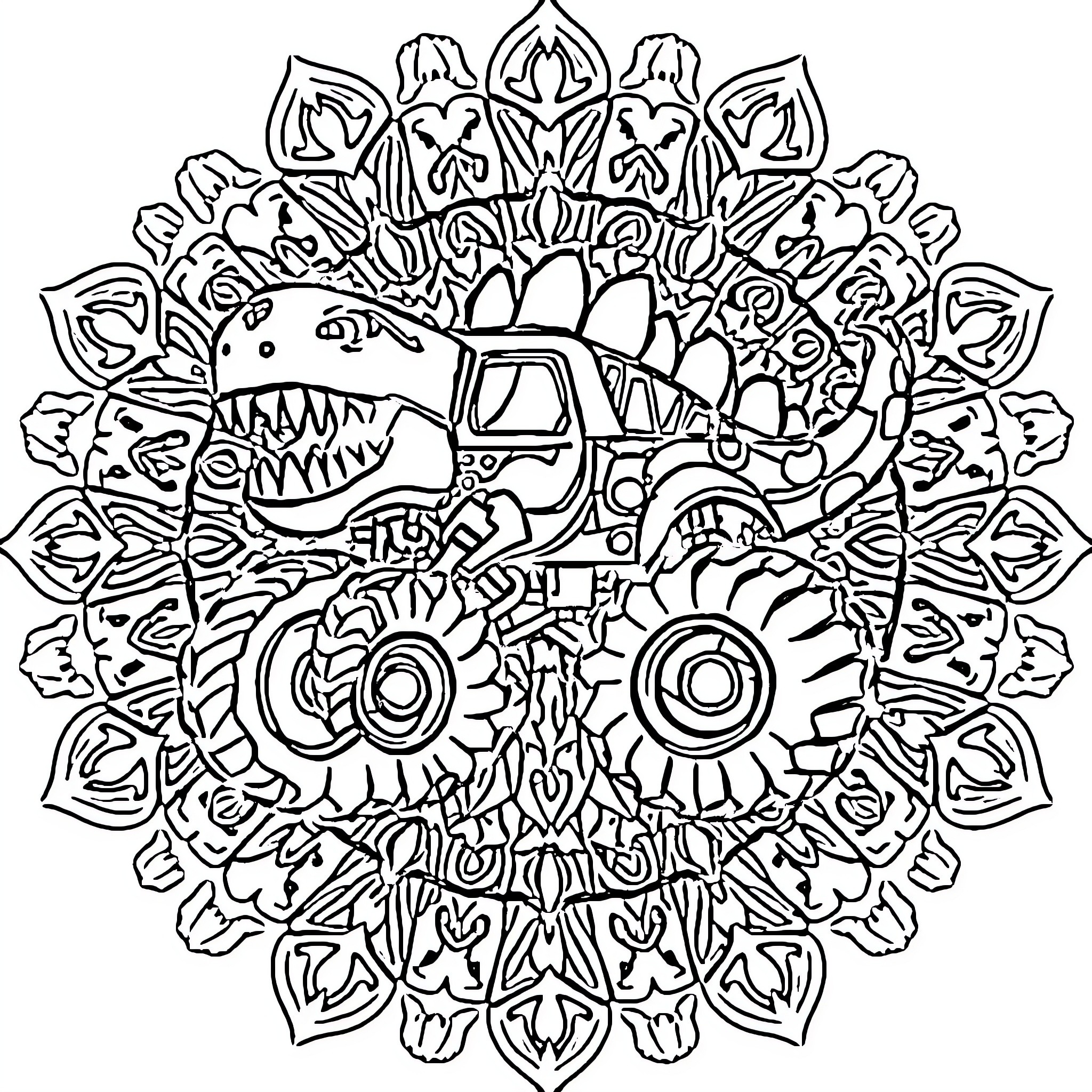 Dinosaur Monster Truck Surrounded by Intricate Mandala Pattern Coloring Page (free black-and-white line drawing printable PDF for all, from beginners to advanced learners, including children, teens, adults, and seniors)