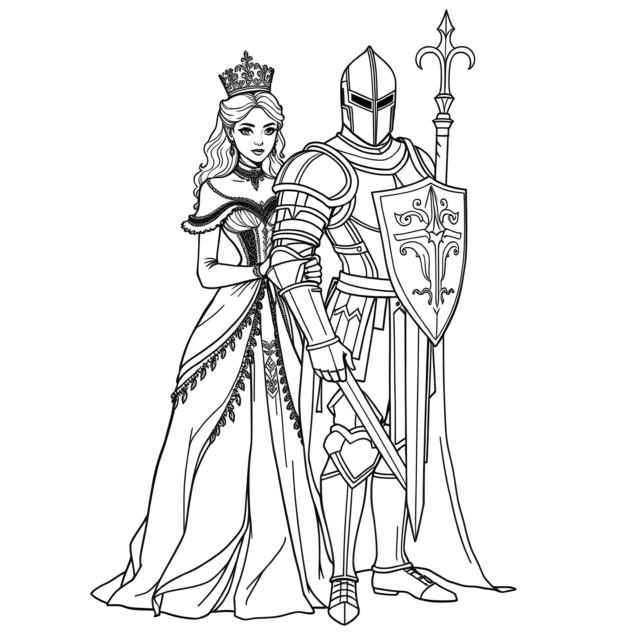Queen and Knight in Regal Attire Coloring Page (free black-and-white line drawing printable PDF for all, from beginners to advanced learners, including children, teens, adults, and seniors)