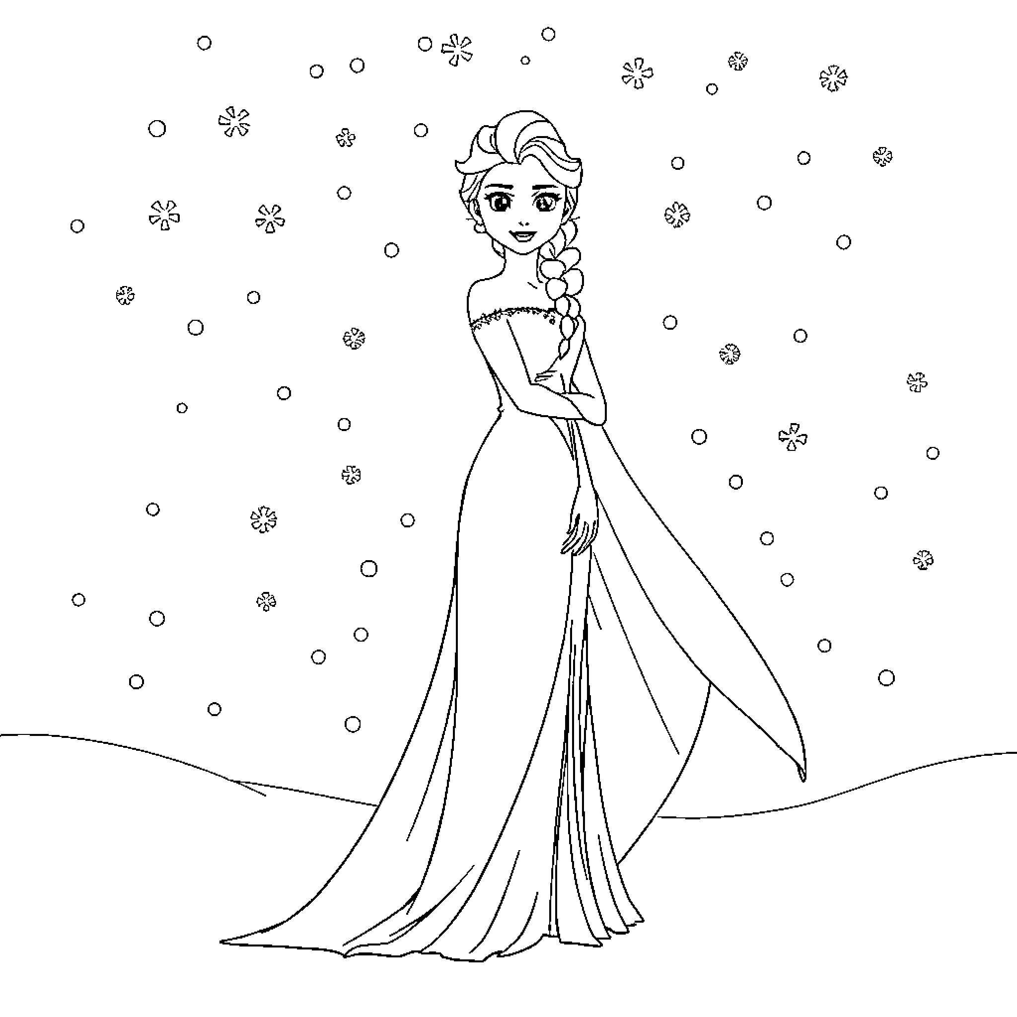 Elsa enjoying a snowy winter wonderland Coloring Page (free black-and-white line drawing printable PDF for all, from beginners to advanced learners, including children, teens, adults, and seniors)