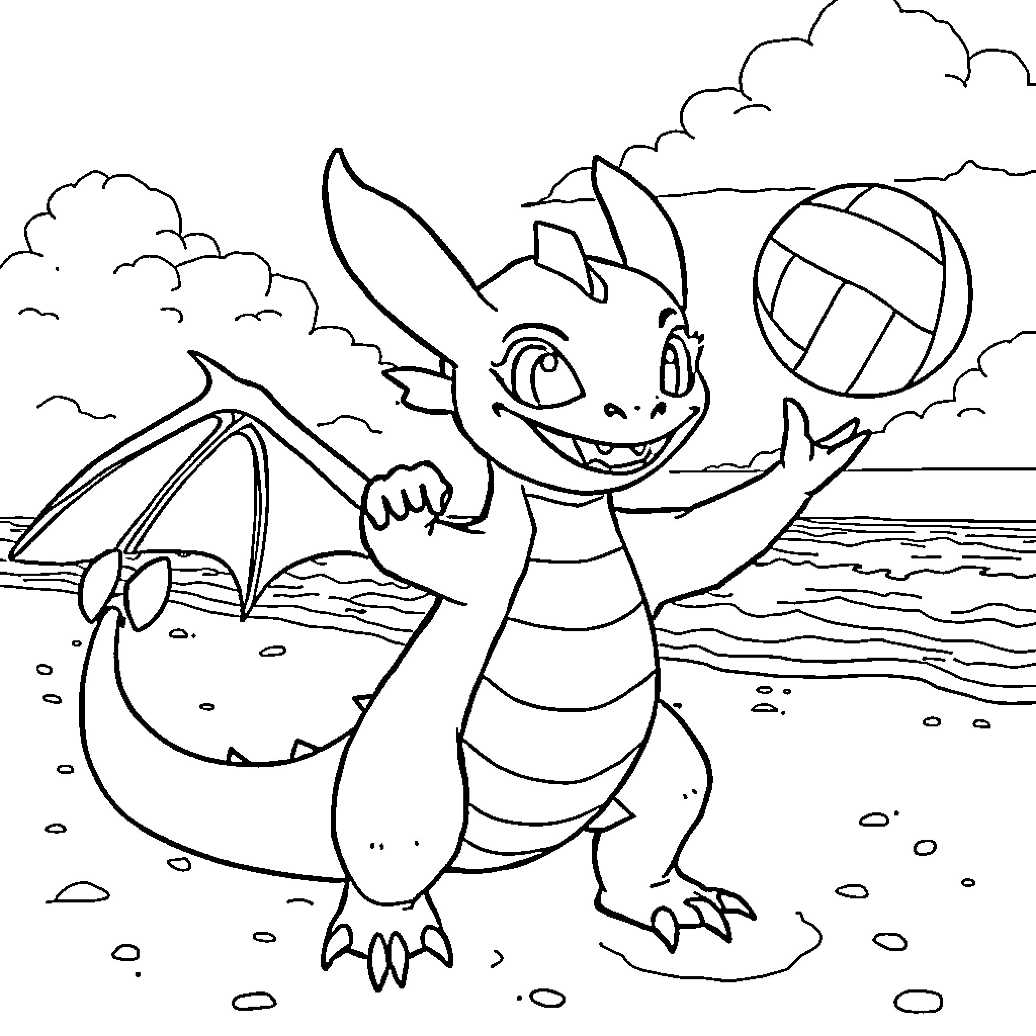 Toothless the dragon playing with a beach ball Coloring Page (free black-and-white line drawing printable PDF for all, from beginners to advanced learners, including children, teens, adults, and seniors)