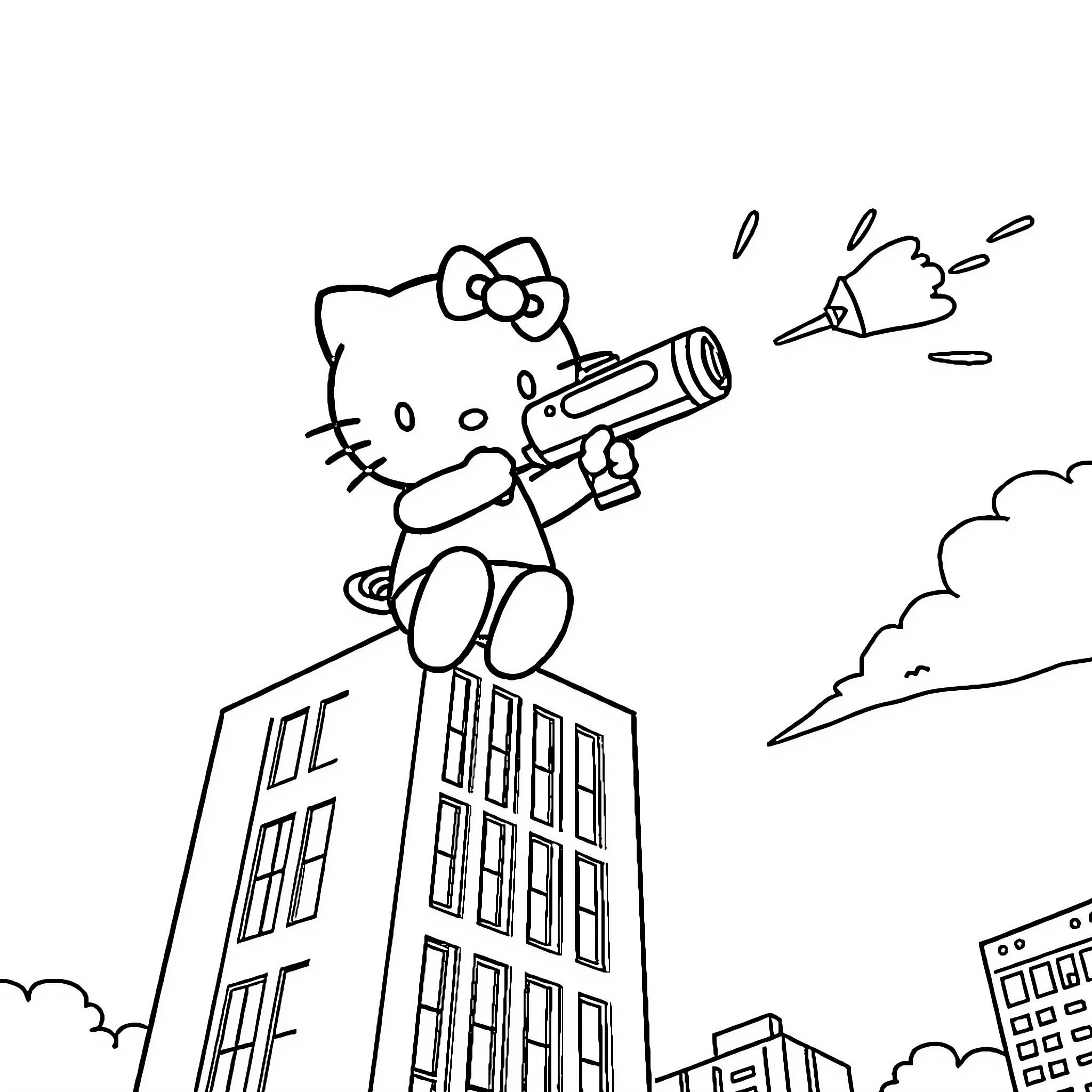 Hello Kitty shooting a cannon on a tall building Coloring Page (free black-and-white line drawing printable PDF for all, from beginners to advanced learners, including children, teens, adults, and seniors)