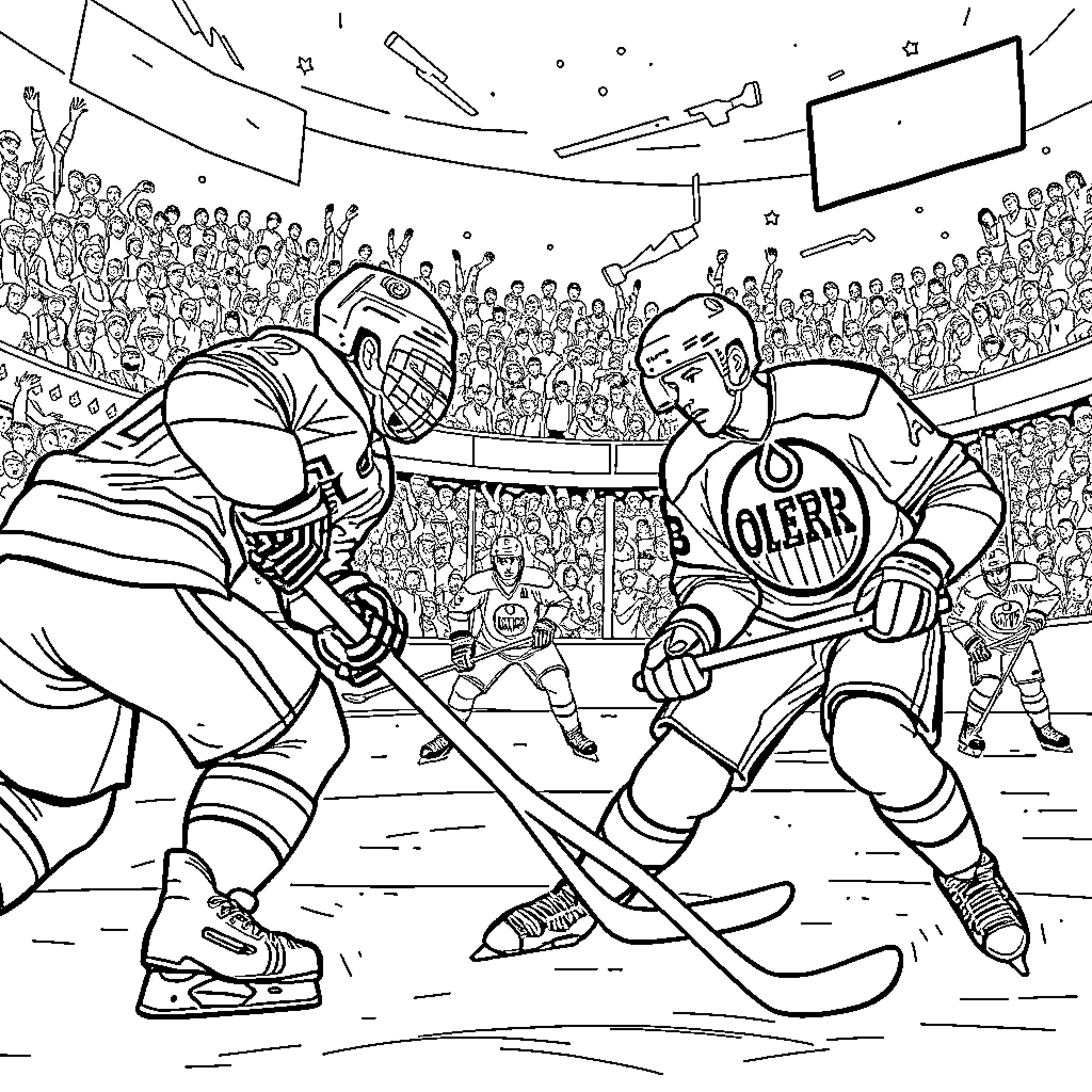 Hockey players competing in a match Coloring Page (free black-and-white line drawing printable PDF for all, from beginners to advanced learners, including children, teens, adults, and seniors)