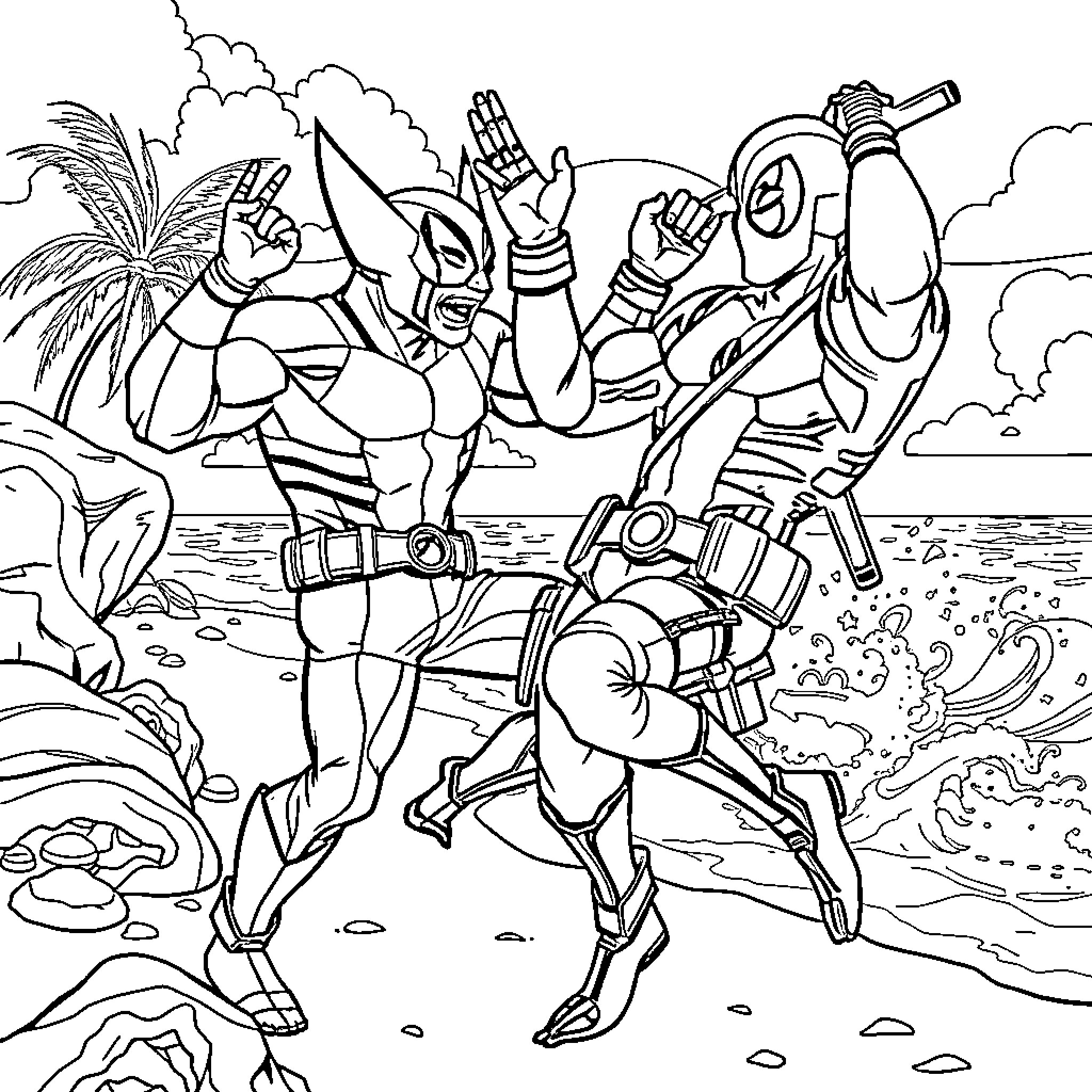 Wolverine and X-Men in action on the beach Coloring Page (free black-and-white line drawing printable PDF for all, from beginners to advanced learners, including children, teens, adults, and seniors)