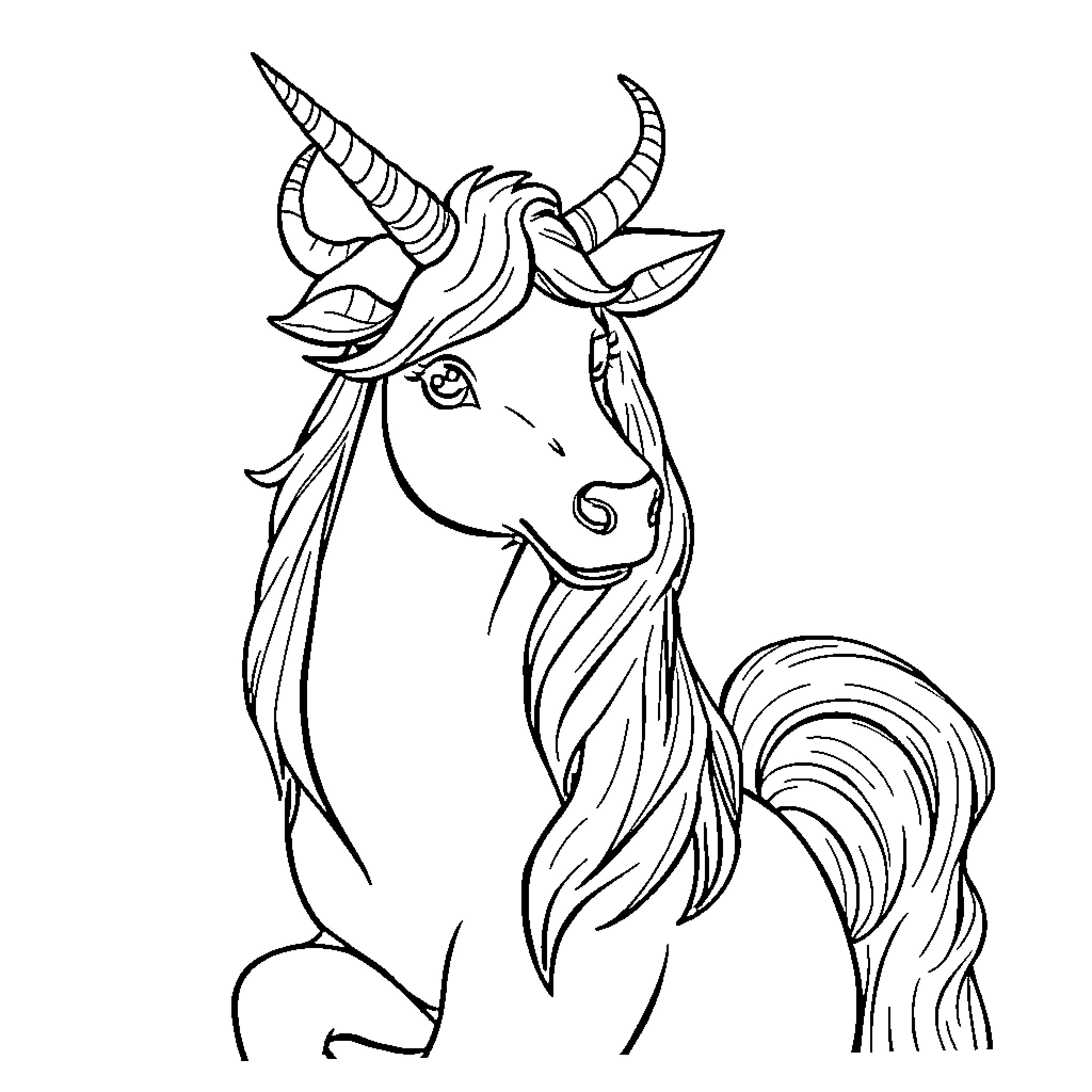 Unicorn with ornate horns and flowing mane Coloring Page (free black-and-white line drawing printable PDF for all, from beginners to advanced learners, including children, teens, adults, and seniors)