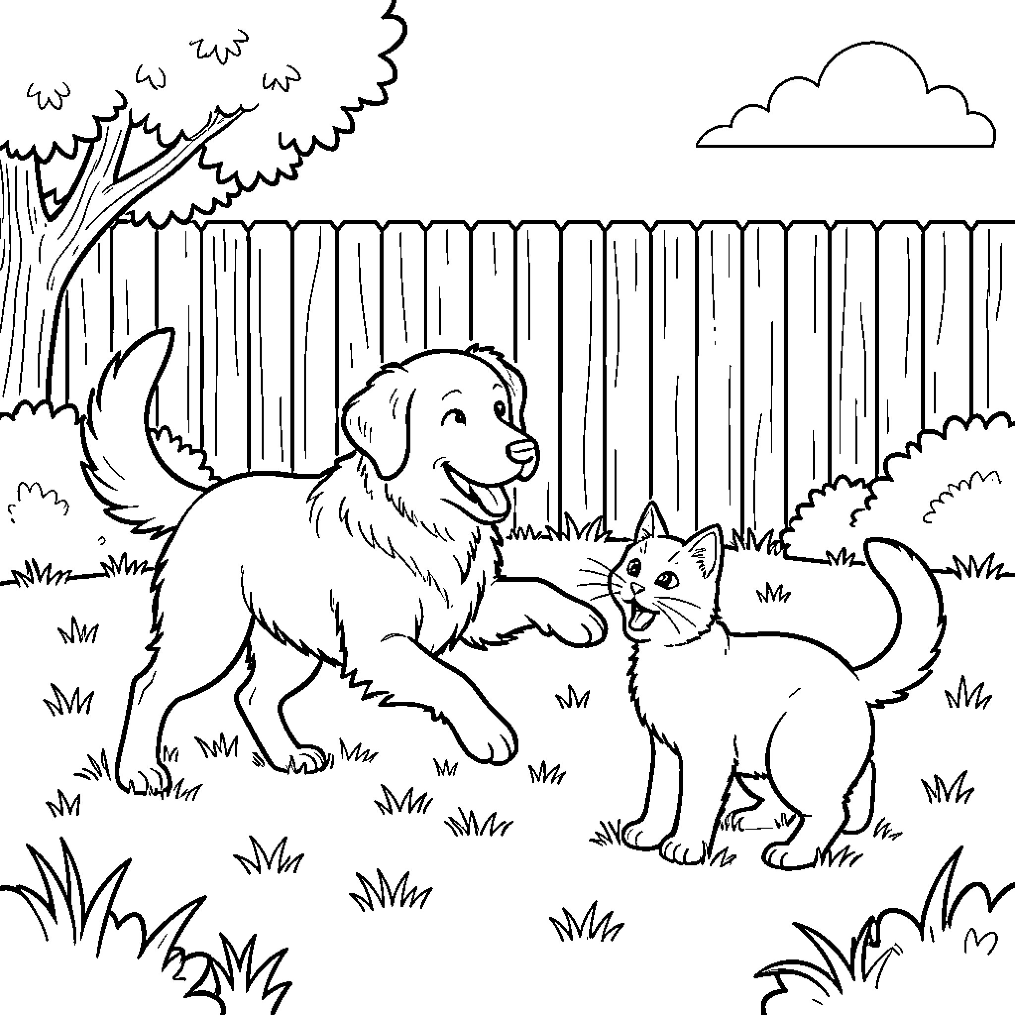 Dog and cat playing together in a backyard Coloring Page (free black-and-white line drawing printable PDF for all, from beginners to advanced learners, including children, teens, adults, and seniors)