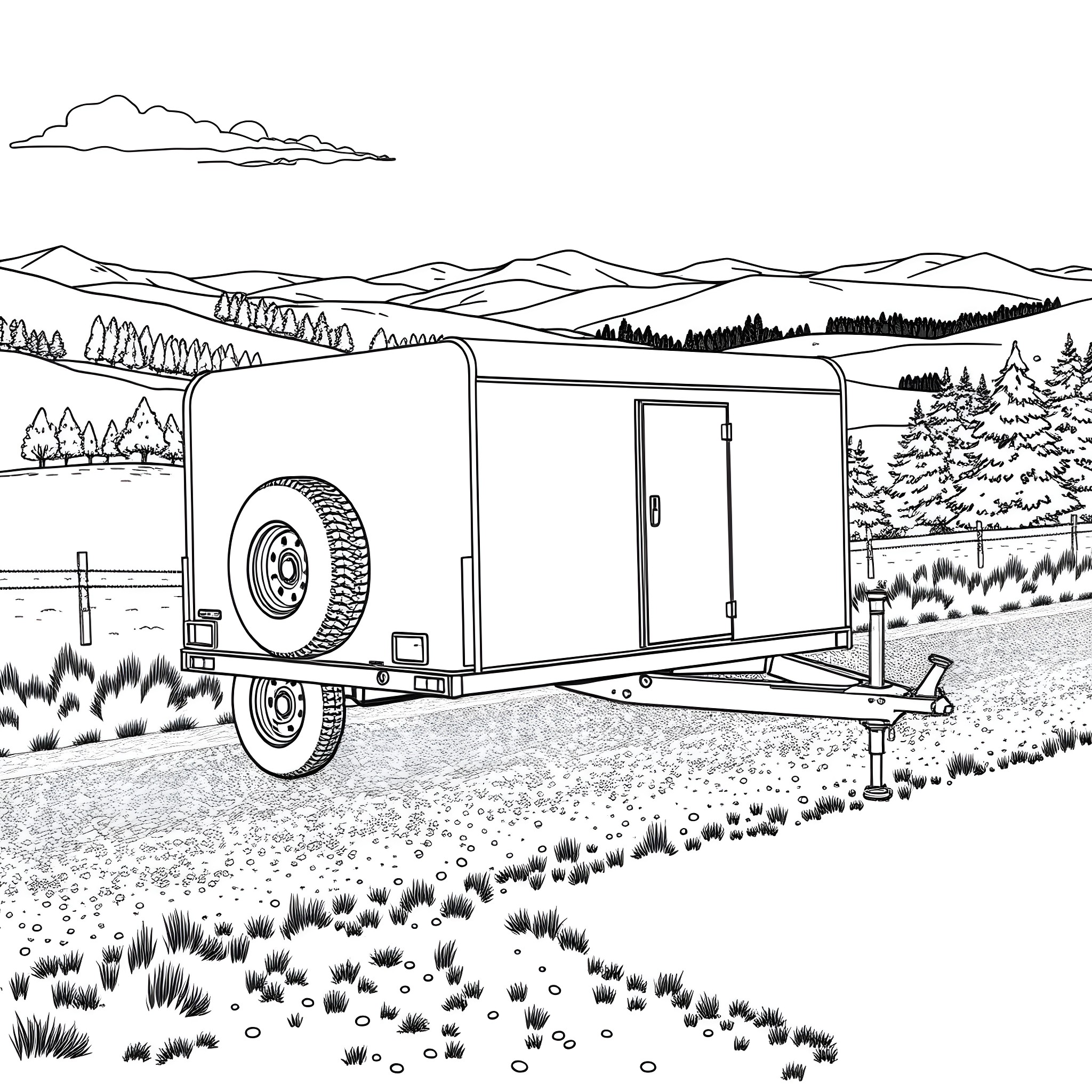 Car Trailer Hauling Equipment through Scenic Countryside Coloring Page (free black-and-white line drawing printable PDF for all, from beginners to advanced learners, including children, teens, adults, and seniors)