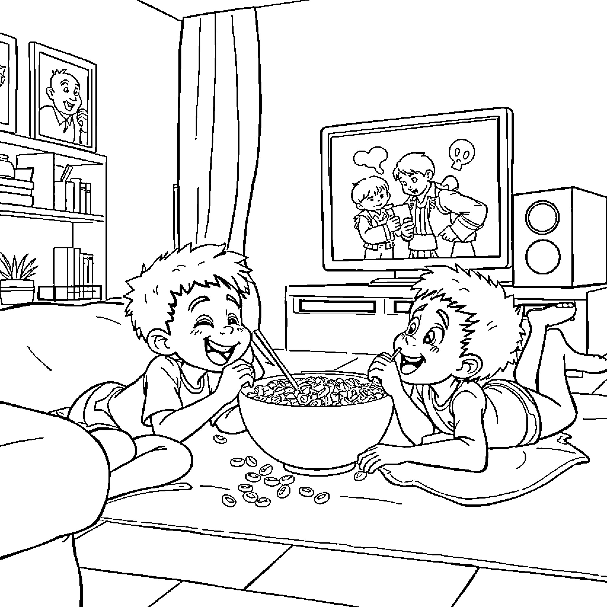 Sibling Sharing a Snack While Watching TV Coloring Page (free black-and-white line drawing printable PDF for all, from beginners to advanced learners, including children, teens, adults, and seniors)