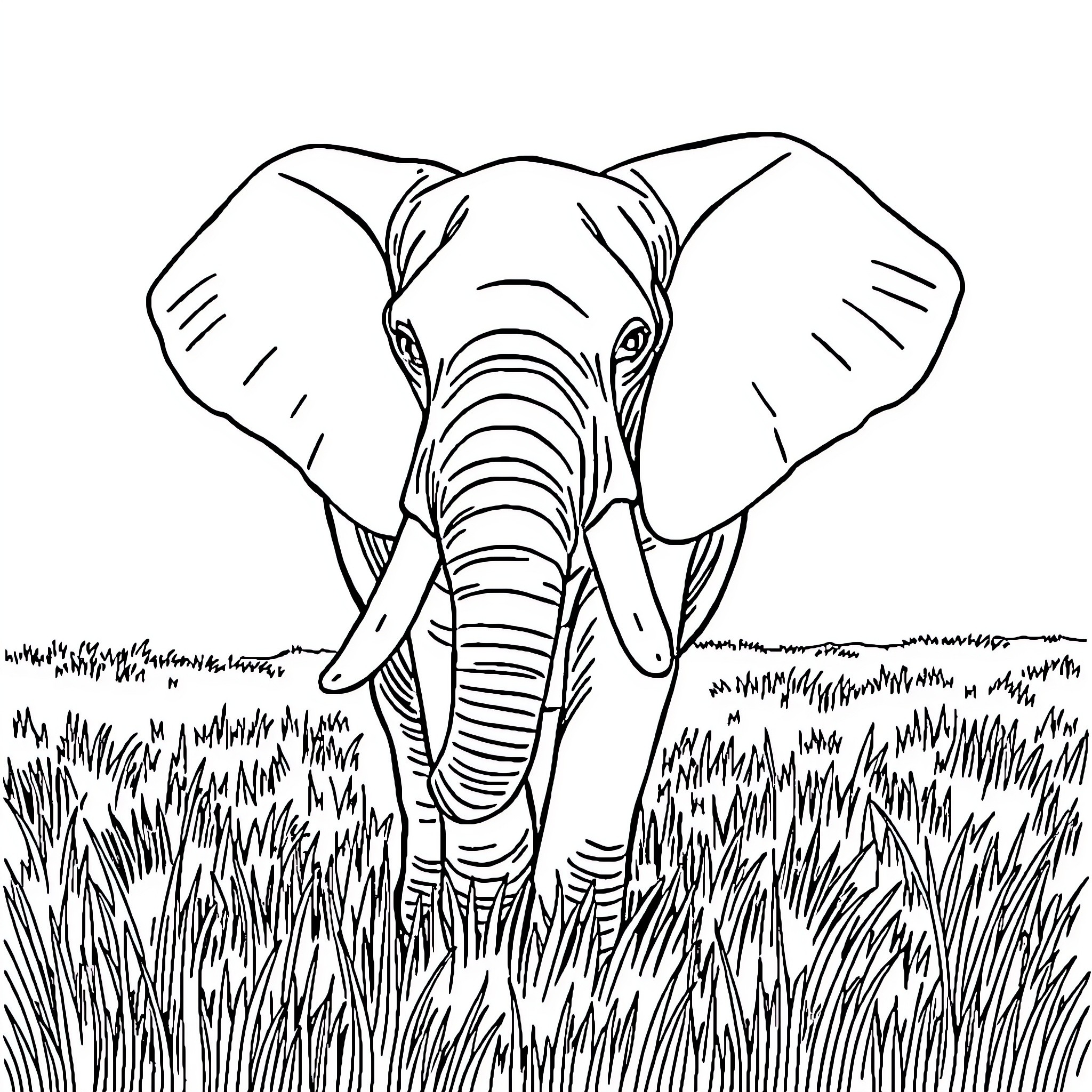 Elephant walking through the tall grass Coloring Page (free black-and-white line drawing printable PDF for all, from beginners to advanced learners, including children, teens, adults, and seniors)