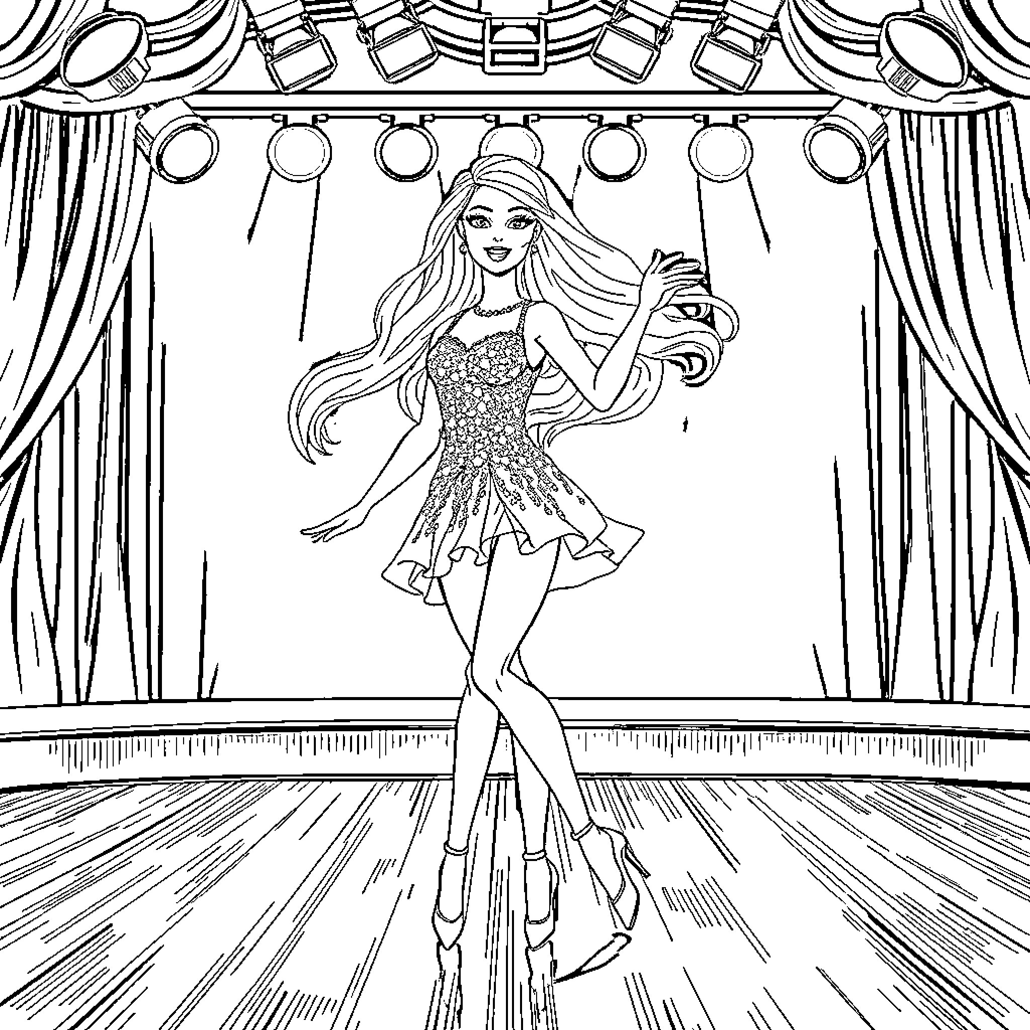 Barbie performing on a glamorous stage Coloring Page (free black-and-white line drawing printable PDF for all, from beginners to advanced learners, including children, teens, adults, and seniors)