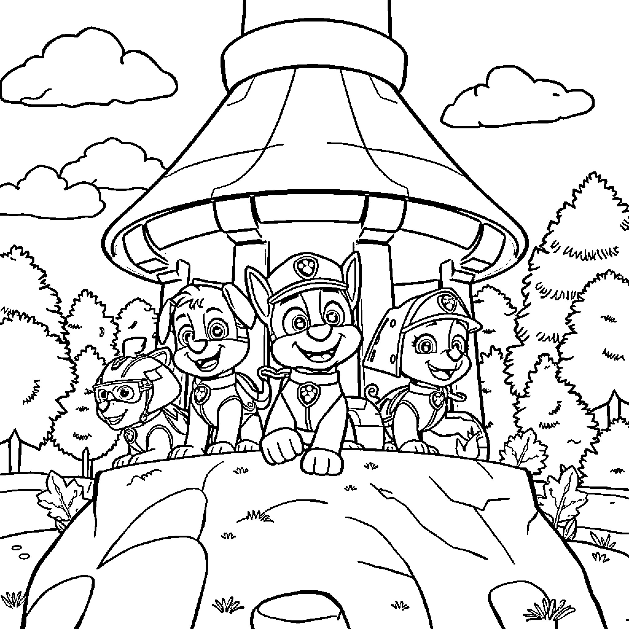 Puppies on a rescue mission in the forest Coloring Page (free black-and-white line drawing printable PDF for all, from beginners to advanced learners, including children, teens, adults, and seniors)
