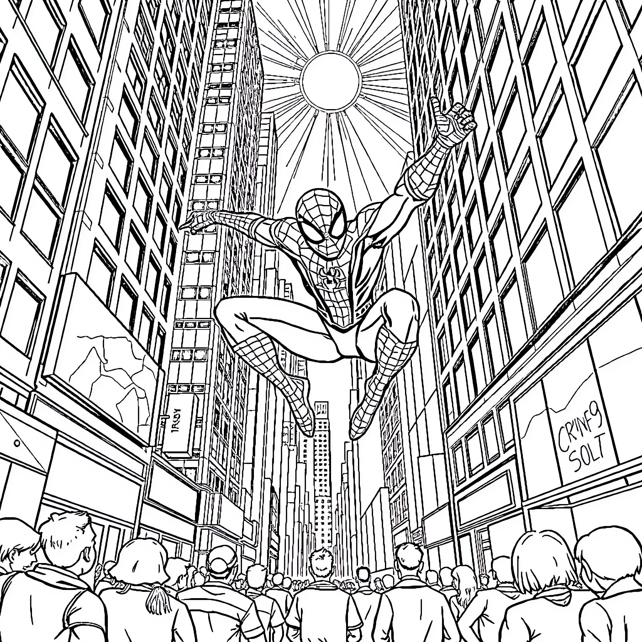 Spiderman swinging through the city skyline Coloring Page (free black-and-white line drawing printable PDF for all, from beginners to advanced learners, including children, teens, adults, and seniors)