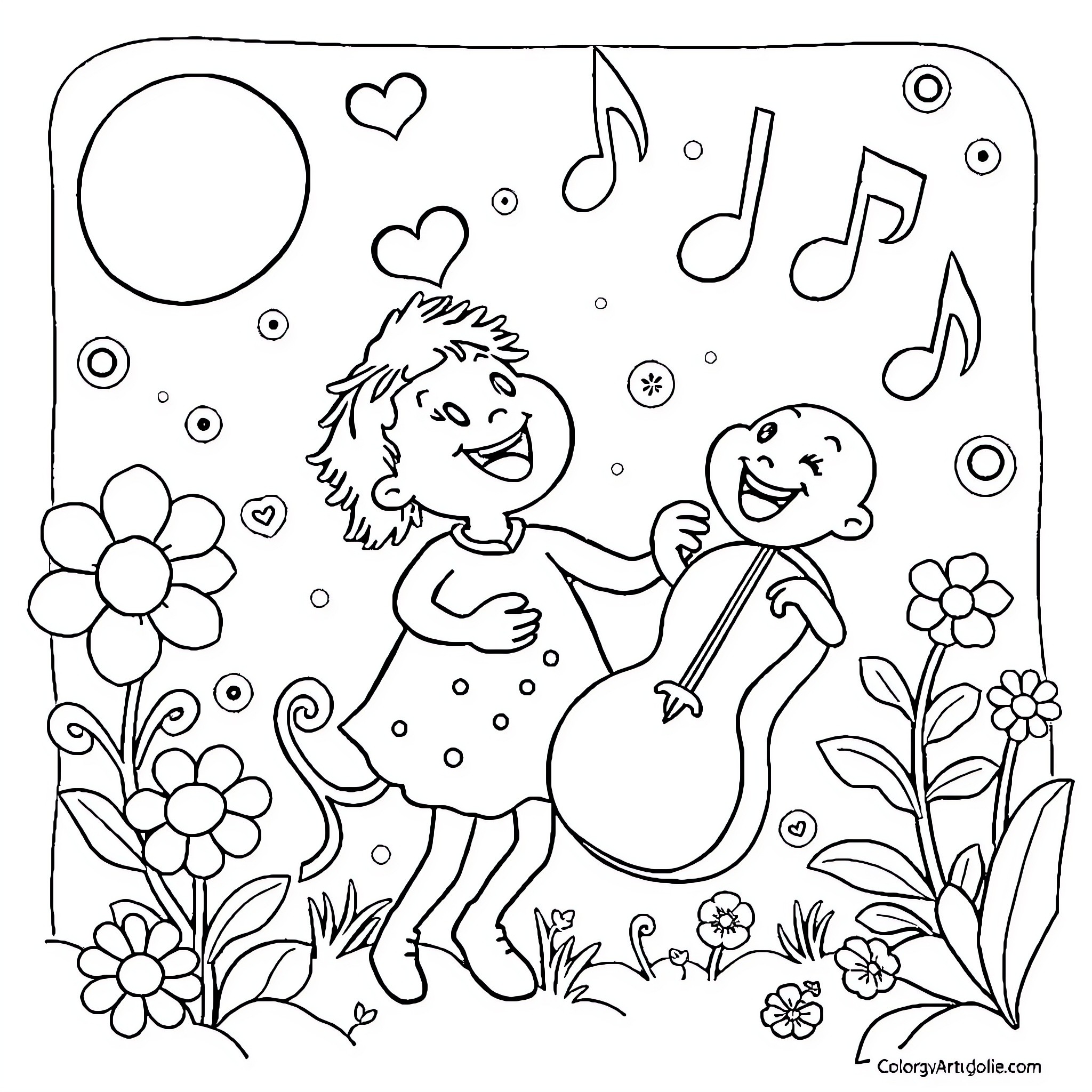 Tralalero fun with music and flowers Coloring Page (free black-and-white line drawing printable PDF for all, from beginners to advanced learners, including children, teens, adults, and seniors)