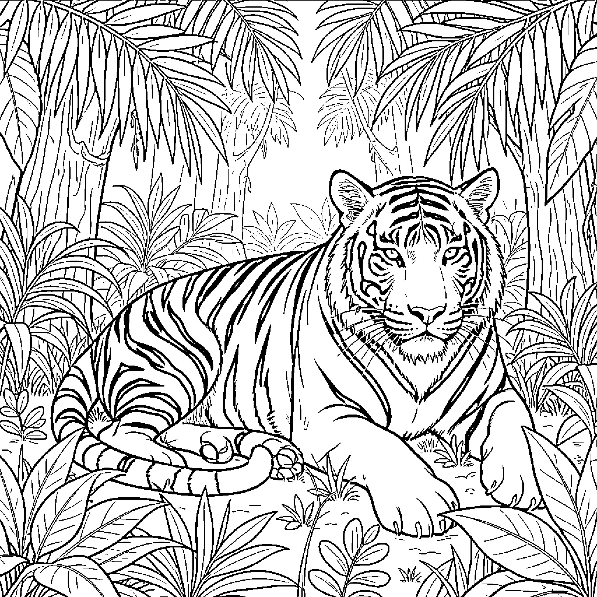 Tiger resting in the tropical jungle Coloring Page (free black-and-white line drawing printable PDF for all, from beginners to advanced learners, including children, teens, adults, and seniors)