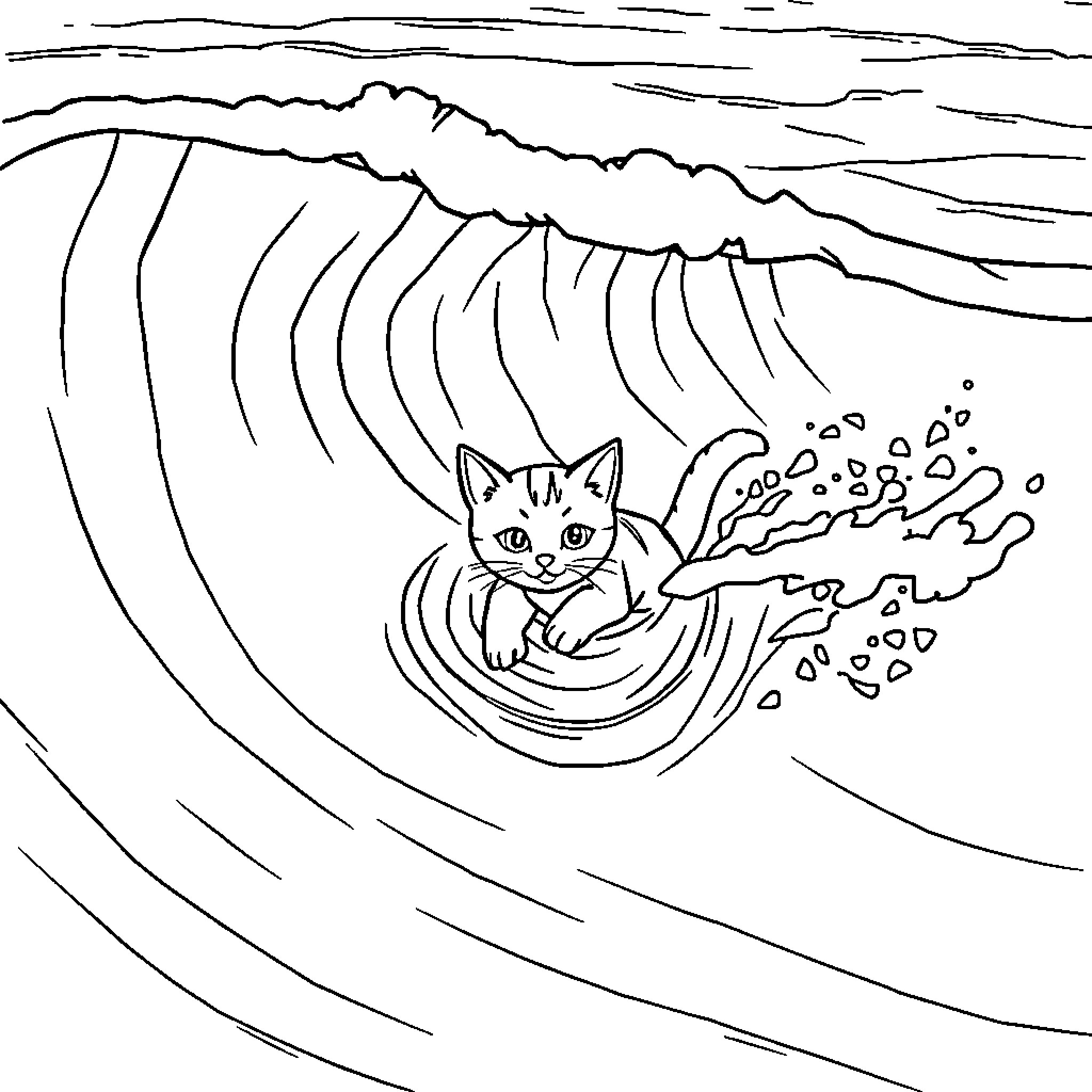 Cat surfing in the ocean waves Coloring Page (free black-and-white line drawing printable PDF for all, from beginners to advanced learners, including children, teens, adults, and seniors)