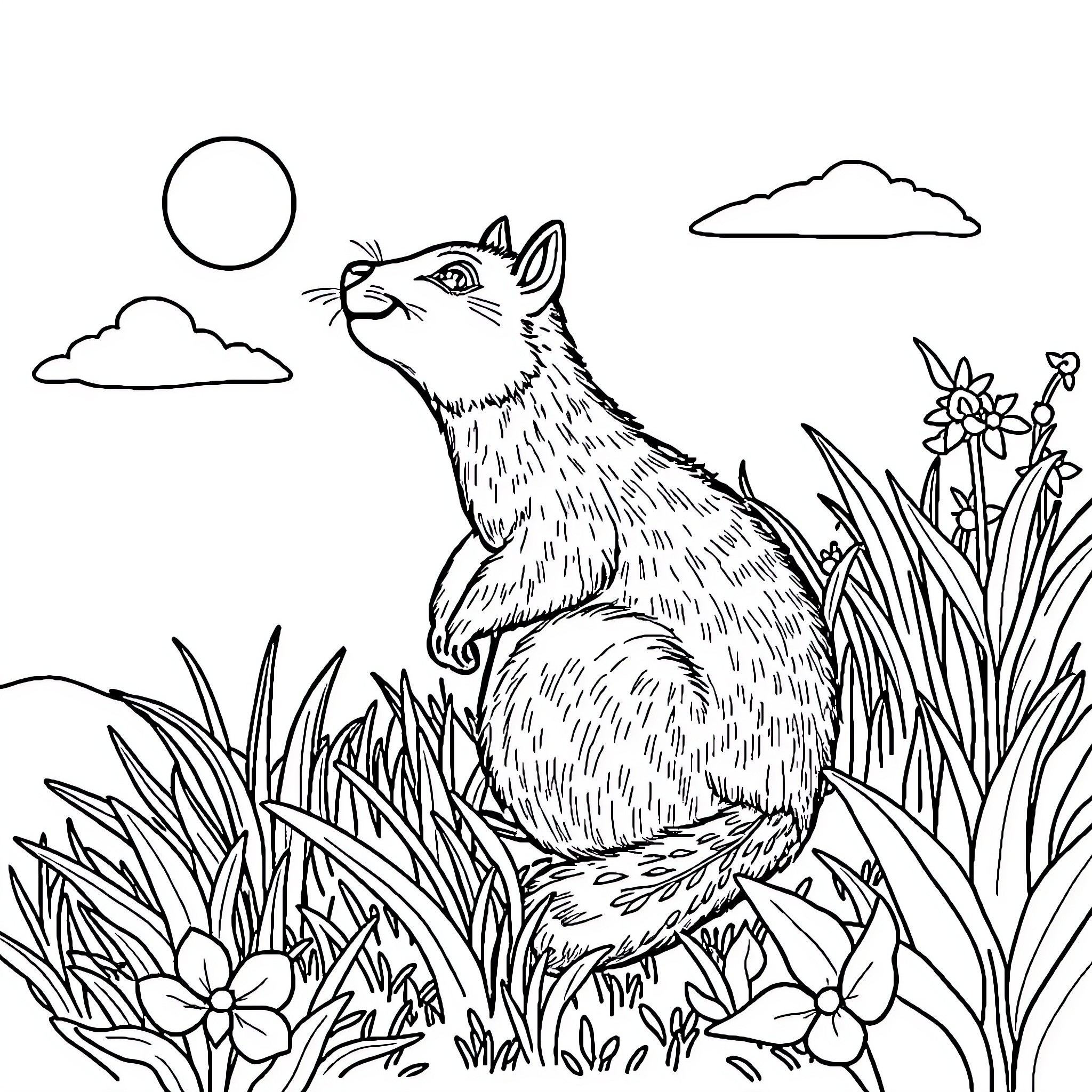 Capybara enjoying a sunny day in nature Coloring Page (free black-and-white line drawing printable PDF for all, from beginners to advanced learners, including children, teens, adults, and seniors)