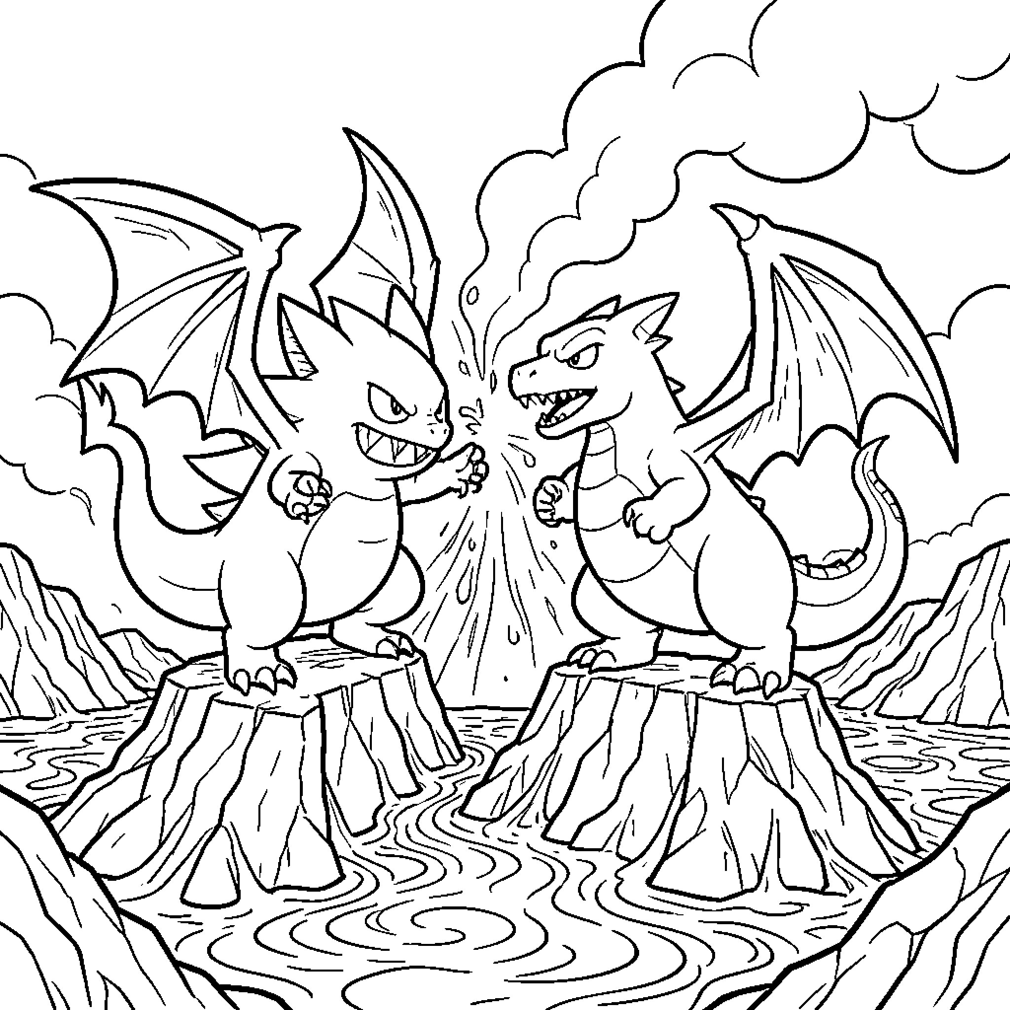 Gengar and Companions Engaging in Dramatic Scenario Coloring Page (free black-and-white line drawing printable PDF for all, from beginners to advanced learners, including children, teens, adults, and seniors)